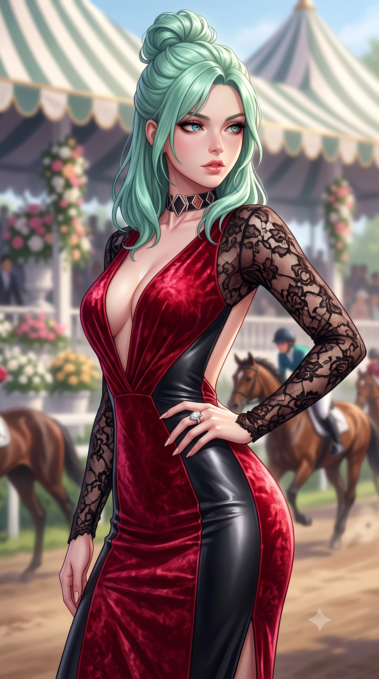 score_9, masterpiece, best quality, ultra-detailed, high-budget anime keyframe, semi-realistic 3D game render, editorial fashion photography, tasteful artistic composition, Japanese woman. close-up cowboy shot from the waist and thighs up, the character dominates the composition, filling the frame with her large presence. twisting her slender torso in a deep contrapposto stance, hips dramatically shifted to accentuate her feminine curves while looking past her shoulder with smoldering bedroom-eyes while resting one manicured hand delicately on her hip bone while gazing through thick eyelashes at the passing racehorses, parted glossy lips catching the sunlight. The composition keeps background elements in soft focus with creamy bokeh. striped marquee canvas awnings and floral pavilion displays softened in bright glamorous shallow focus. She has an exceptionally elegant, slender, and willowy female figure with an ultra-slim waist, flat toned midriff, narrow ribcage, and sculpted feminine hips creating an alluring, slim hourglass silhouette without bulk. sharp v-shaped jawline, high-bridge nose, intricate jewel-like eyes with depth, thick eyelashes, glossy parted lips with a natural sheen, intensely captivating and seductive bedroom-eyes expression, flawlessly proportioned anatomical accuracy, strict slender model proportions, natural body alignment, perfectly sculpted long slender limbs, ultra-slim waistline, clean dynamic posture without body distortion. wearing a plunging-V neckline crushed crimson velvet opera gown with delicate black lace sleeves and bare back in phantom obsidian black and blood-red velvet, formed from supple second-skin lambskin leather with specular sheen, complemented by a bold geometric choker and sparkling cocktail ring, the second-skin form-contouring cut accentuating her sculpted flat midriff, narrow delicate ribcage, and gracefully curvy hips with supermodel precision. surrounded by an untouchable, elite, and irresistibly prestigious equestrian heiress aura. highly saturated vibrant anime colors, detailed shading with soft gradients, rich glossy textures, high-contrast stereoscopic depth, volumetric dynamic lighting, master piece, 9:16 ratio