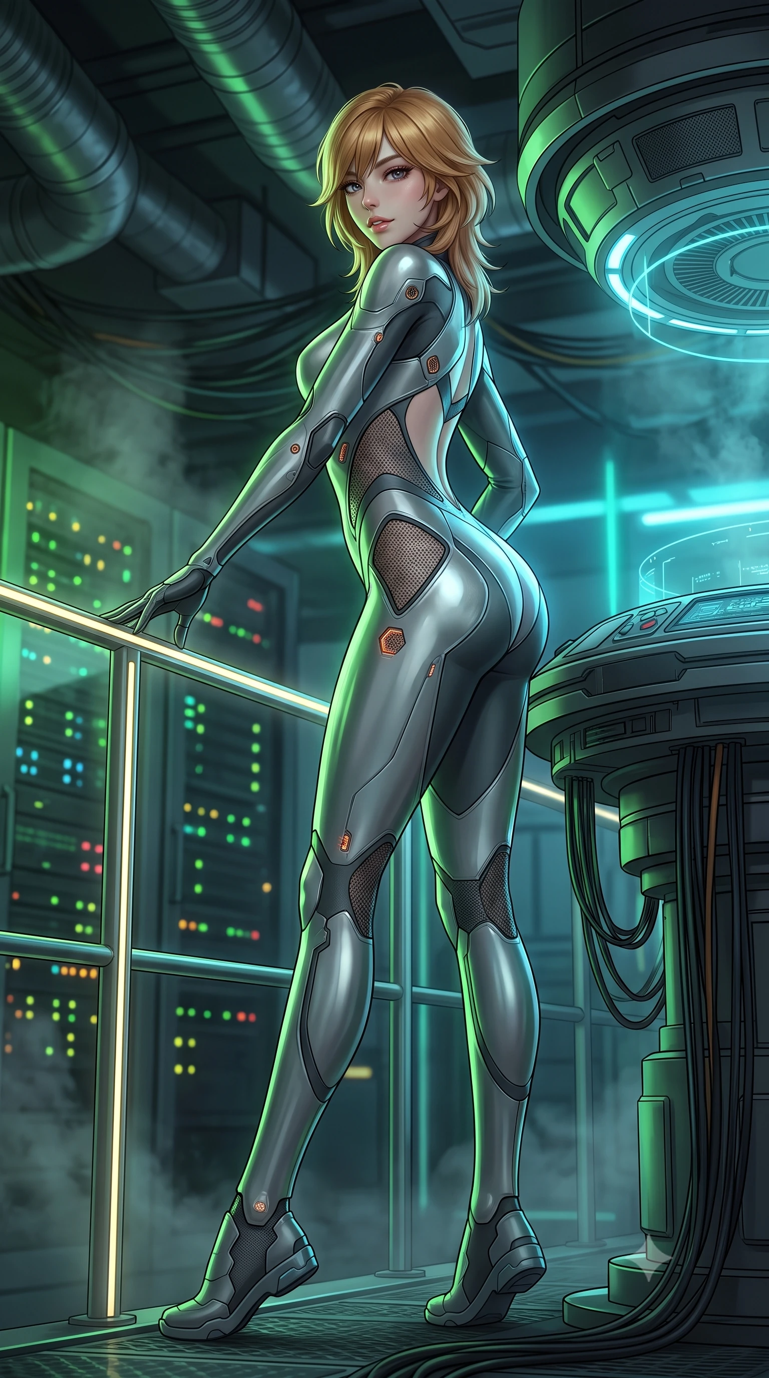 score_9, masterpiece, best quality, ultra-detailed, high-budget anime keyframe, semi-realistic 3D game render, editorial fashion photography, tasteful artistic composition, Korean woman. low angle full-body shot from head to toe showing her feet, filling the entire 9:16 vertical frame with her statuesque presence, stretching her vertical silhouette. standing in a tall, confident posture with one hand on a glowing metal railing, stretching her statuesque body as she arches her lower back to emphasize her sculpted feminine hips and slender waist while leaning against the circular tactical holotank console with hips cocked back, looking over her shoulder with a sharp, devastating bedroom-gaze. The background shows a soft-focus flickering server rack LED indicators and industrial ventilation ducts softened in tactical cyberpunk shallow focus. She has an absolutely perfect, statuesque 8.5-heads proportion, an exceptionally tall and slender model-like female figure with impossibly long slender legs, an ultra-slim waist, a flat toned midriff, narrow delicate ribcage, and beautifully sculpted feminine hips creating a graceful, slim hourglass silhouette without any bulky heaviness. sharp v-shaped jawline, high-bridge nose, intricate jewel-like sparkling eyes with depth, thick eyelashes, glossy parted lips with a natural sheen, bright confident smile with an enchanting and coquettish sensual glint, exuding both youthful magnetic charm and sovereign high-tech allure, flawlessly proportioned anatomical accuracy, strict slender model proportions, natural body alignment, perfectly sculpted long slender limbs, ultra-slim waistline, clean dynamic posture without body distortion. wearing a futuristic cut-out nano-suit with diamond-shaped side-torso mesh insets tracing her slim hourglass curves in reflective liquid mercury and matte phantom grey, made of supple second-skin compression stretch jersey clinging flawlessly to her form, accented with subtle hexagonal heat-sink vents glowing with dim orange thermal heat, the aerodynamic second-skin silhouette tightly following the natural contour of her hips and long slender legs with youthful 8.5-heads elegance. bathed in moody neon green and laser cyan terminal light contrasting with deep industrial shadows. highly saturated vibrant anime colors, detailed shading with soft gradients, rich glossy textures, high-contrast stereoscopic depth, volumetric dynamic lighting, master piece, 9:16 ratio