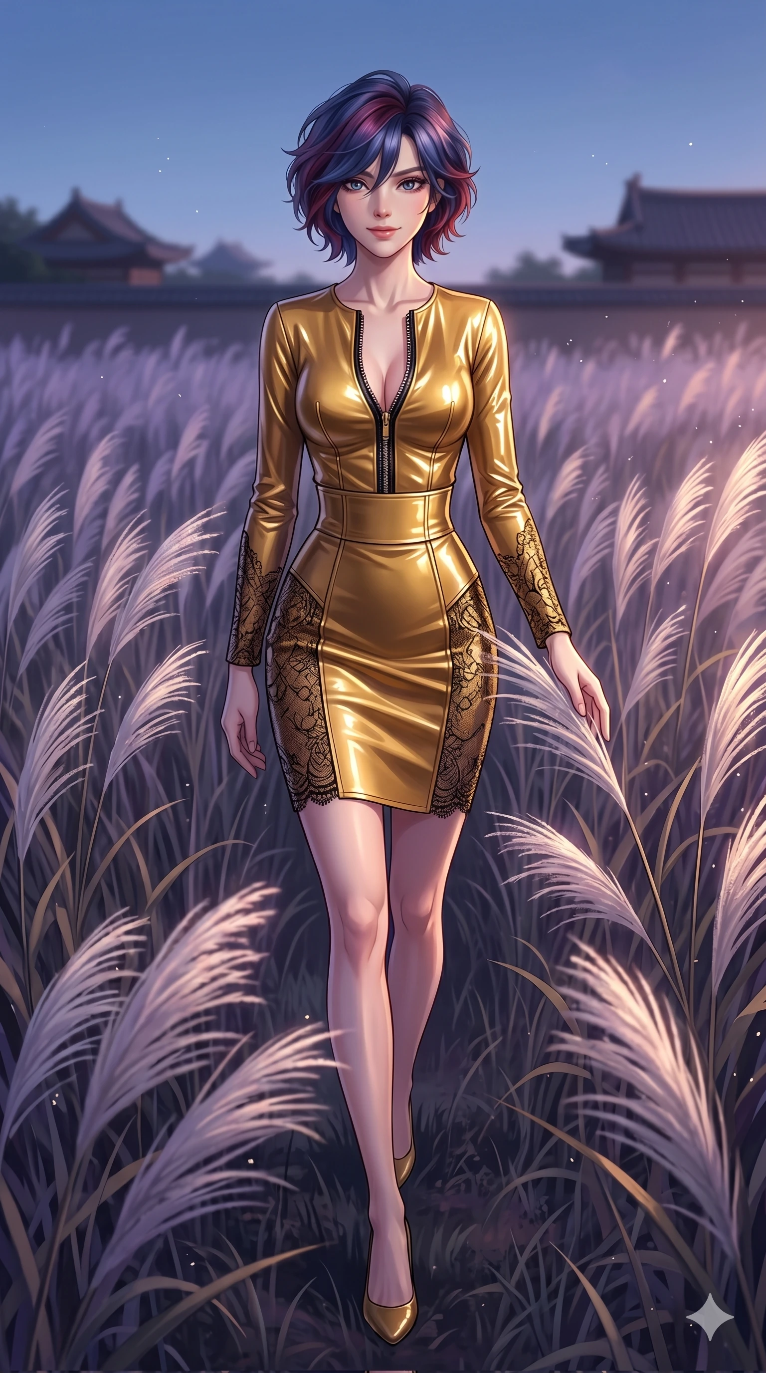 score_9, masterpiece, best quality, ultra-detailed, High-budget Anime Keyframe, East Asian woman. Dynamic full-body shot stretching the vertical silhouette to the limit. Scenario 238: Walking through a field of tall silver grass at twilight. Her presence is magnetic and overpowering in this high-budget anime scene. Outfit 238: A patent leather gold with a unzipped detail and delicate lace embroidery. The clothing is designed to emphasize her exceptionally tall and slender 8-heads proportion. 8-heads proportion, towering silhouette, ultra-slim waist. sharp v-shaped jawline, intricate jewel-like eyes with depth, thick eyelashes, glossy lips. 2k, ultra detail, master piece, 9:16 ratio