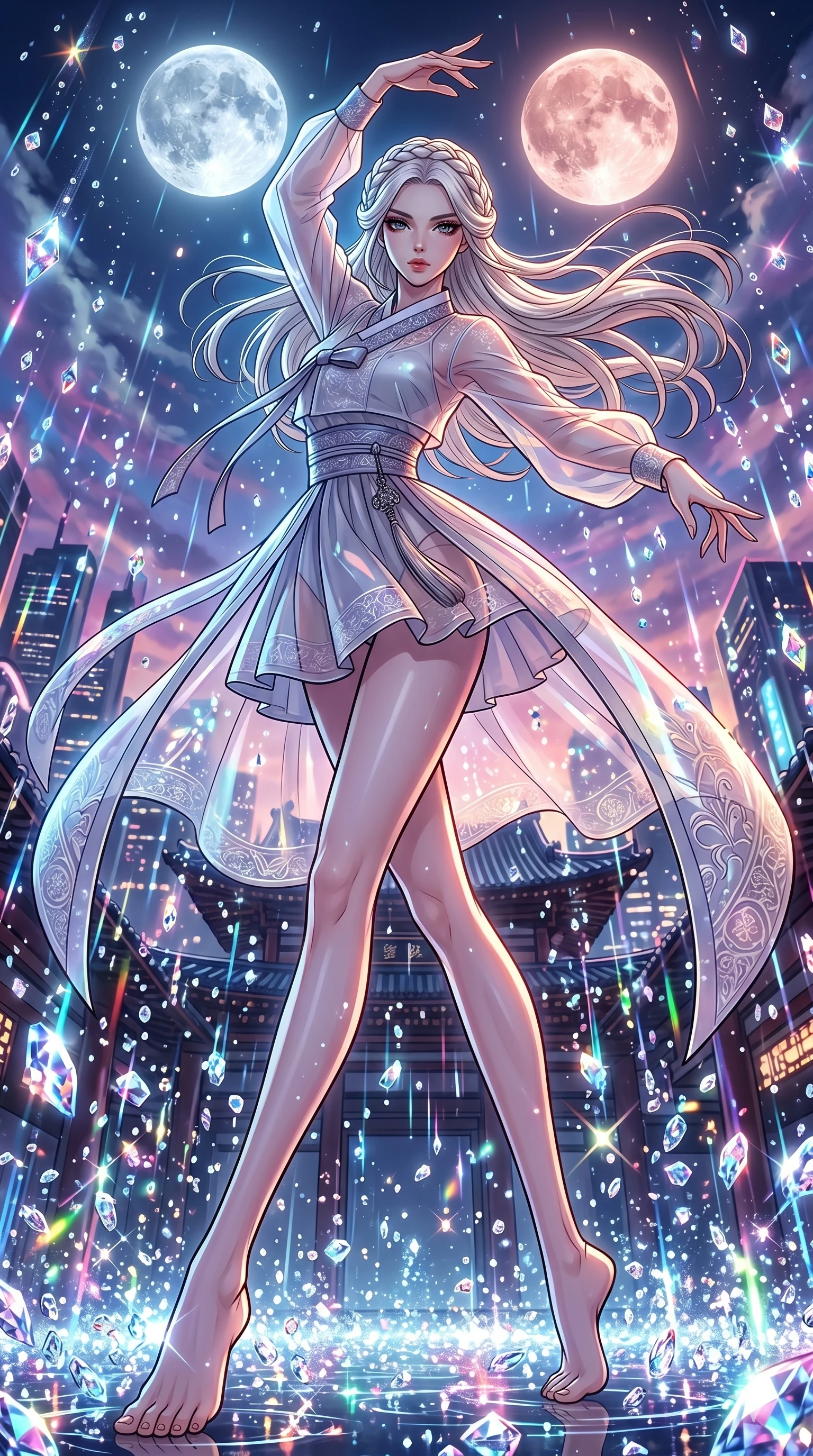 score_9, masterpiece, best quality, ultra-detailed, high-budget anime movie keyframe, cinematic anime lighting, intricate line art, Japanese woman. Dynamic full-body shot stretching the vertical silhouette with extreme perspective. dancing in a rain of liquid diamonds under a twin-moon sky. She has an absolutely perfect 8-heads proportion, an exceptionally tall and slender female figure with an ultra-slim waist and impossibly long slender legs. strictly human anatomy, two legs only, no extra limbs, clearly defined legs and arms, perfect anatomy, perfect hands and fingers. sharp v-shaped jawline, high-bridge nose, intricate jewel-like eyes, thick eyelashes, glossy lips. Wearing Modern Traditional: Shortened cyber-hanbok with fusion silk robes and transparent panels. The scene is illuminated by dramatic atmospheric lighting and vibrant color palettes. , 2k, ultra detail, master piece, 9:16 ratio