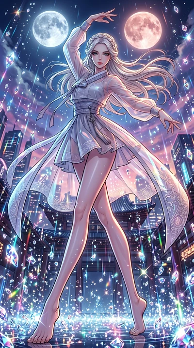 score_9, masterpiece, best quality, ultra-detailed, high-budget anime movie keyframe, cinematic anime lighting, intricate line art, Japanese woman. Dynamic full-body shot stretching the vertical silhouette with extreme perspective. dancing in a rain 