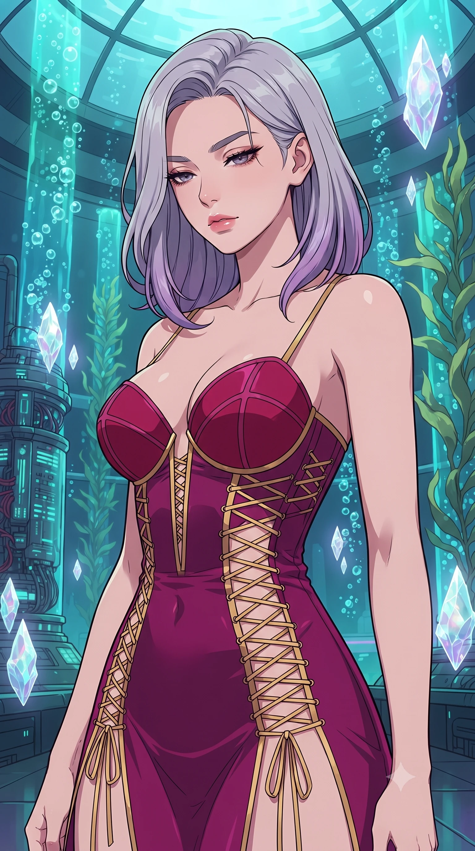 score_9, masterpiece, best quality, ultra-detailed, high-budget anime keyframe, gorgeous anime illustration, artistic 2d flat cel-shaded style, Caucasian woman, strictly human ears. close-up cowboy shot from the waist and thighs up, the character dominates the composition, filling the frame with her large presence, background elements kept in soft focus. Looking down with lowered lashes and a composed powerful expression. set against a soft-focus background of inside an underwater glass dome housing cybernetic server towers cooled by bioluminescent kelp, bubble streams rising through neon-lit water columns outside the glass. She has an exceptionally elegant and slender, willowy female figure with an ultra-slim waist, a gracefully sculpted slender torso, and a refined slim physique. sharp v-shaped jawline, high-bridge nose, intricate jewel-like eyes with depth, thick eyelashes, glossy lips with a natural sheen. wearing a deconstructed corset dress in deep magenta with exposed gold lacing and structured crimson cups. ethereal pearlescent light emanating from floating crystalline formations all around. 2k, ultra detail, master piece, 9:16 ratio, vibrant anime color palette, flat color shading, 2d animation style