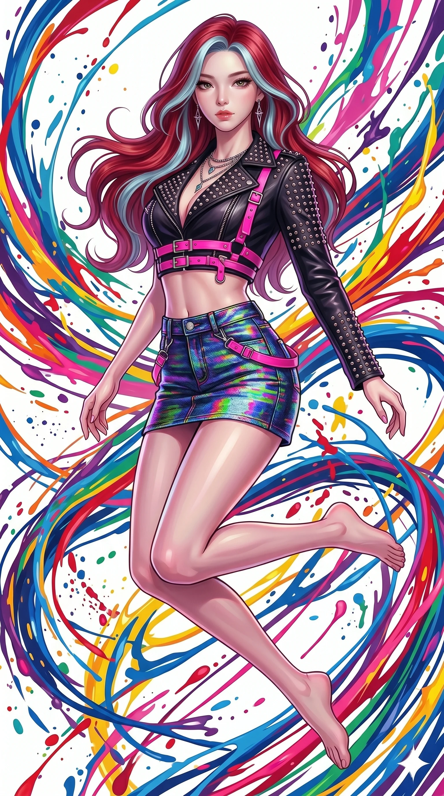 score_9, masterpiece, best quality, ultra-detailed, high-budget anime keyframe, Korean woman. upper body close-up from the thighs up, character filling the screen for maximum presence. leaping into a vorticist paint splatter dimension where thousands of vivid acrylic paint ribbons and splatters swirl around her in a white gallery void. She has an absolutely perfect 8-heads proportion, an exceptionally tall and slender female figure with impossibly long slender legs and an ultra-slim waist. V-shaped jawline, high-bridge nose, intricate jewel-like eyes with depth, thick eyelashes, glossy lips with a natural sheen.. wearing a glitch denim and studded leather outfit, featuring an RGB glitch pattern denim micro-skirt, a single-sleeve cropped leather jacket, and neon pink harness straps. lit by a soft glowing ambient light and a sharp side key light that traces the sleek contours of her athletic build. 2k, ultra detail, master piece, 9:16 ratio