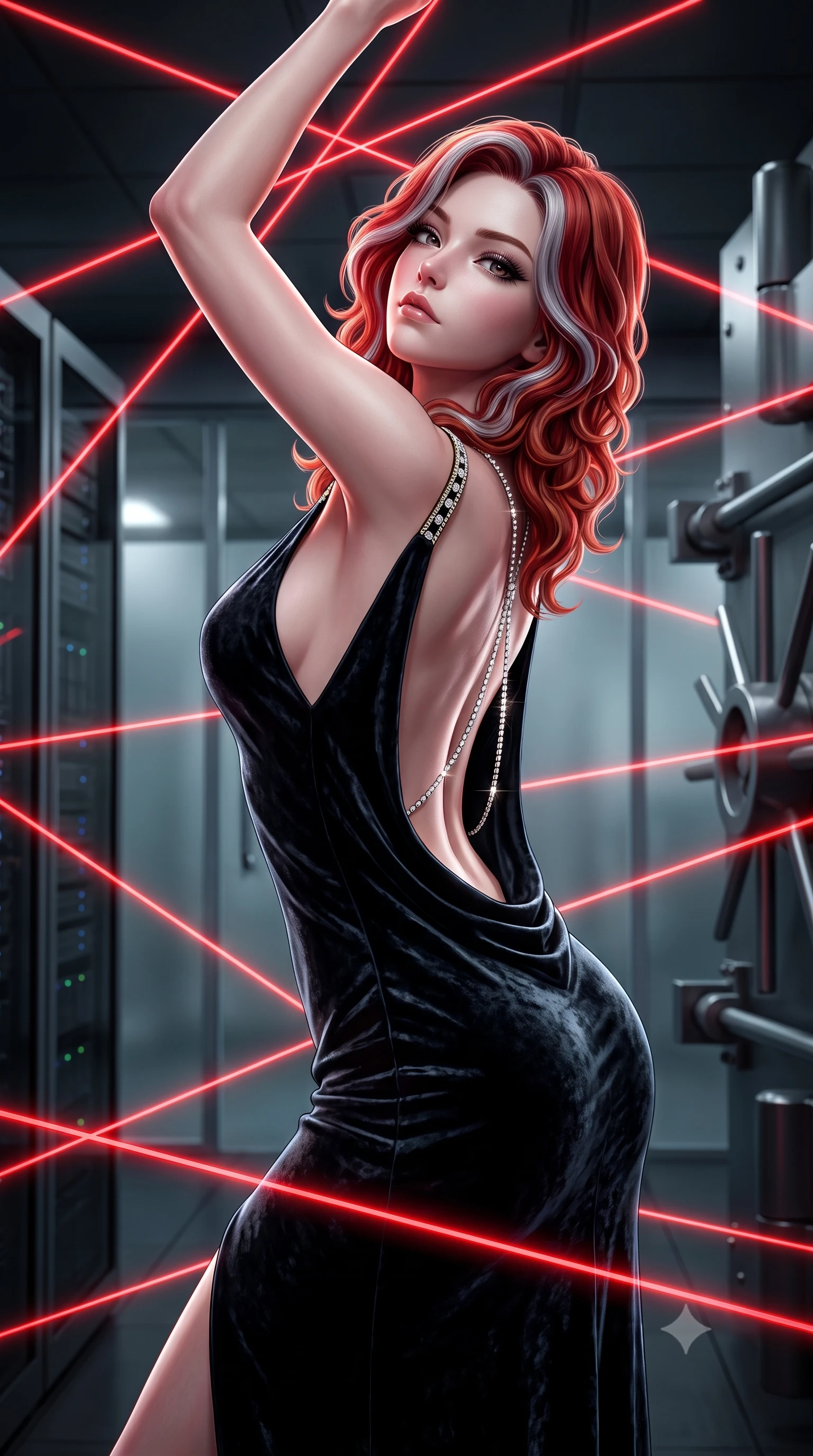 score_9, masterpiece, best quality, ultra-detailed, high-budget anime keyframe, semi-realistic 3D game render, editorial fashion photography, tasteful artistic composition, Caucasian woman. close-up cowboy shot from the waist and thighs up, the character dominates the composition, filling the frame with her large presence. tilting her chin up with proud, sovereign confidence while gazing directly into the lens with thick, dark eyelashes while navigating a high-security mainframe server vault, contorting her slender athletic body in a flawless gymnastic evasion beneath glowing red laser grids. The composition keeps background elements in soft focus with creamy bokeh. heavy vault door locking bolts and frosted glass partition walls softened in moody shallow depth of field. She has an exceptionally elegant, slender, and willowy female figure with an ultra-slim waist, a gracefully sculpted slender torso, toned flat midriff, and a refined slim silhouette. sharp v-shaped jawline, high-bridge nose, intricate jewel-like eyes with depth, thick eyelashes, glossy lips with a natural sheen, captivating and magnetic expression, flawlessly proportioned anatomical accuracy, strict slender model proportions, natural body alignment, perfectly sculpted long slender limbs, ultra-slim waistline, clean dynamic posture without body distortion. wearing an opulent backless black velvet evening gown with a plunging cowl back and diamond-encrusted shoulder straps in midnight black and liquid gold, crafted from heavyweight crushed silk velvet with liquid luster, accented with a glittering diamond back chain tracing her bare spine, the sleek tailored cut tightly hugging her graceful clavicle, narrow waist, and feminine curves with statuesque precision. illuminated by crisp directional rim lighting sharply carving her ultra-slim waist and sculpted silhouette. highly saturated vibrant anime colors, detailed shading with soft gradients, rich glossy textures, high-contrast stereoscopic depth, volumetric dynamic lighting, master piece, 9:16 ratio