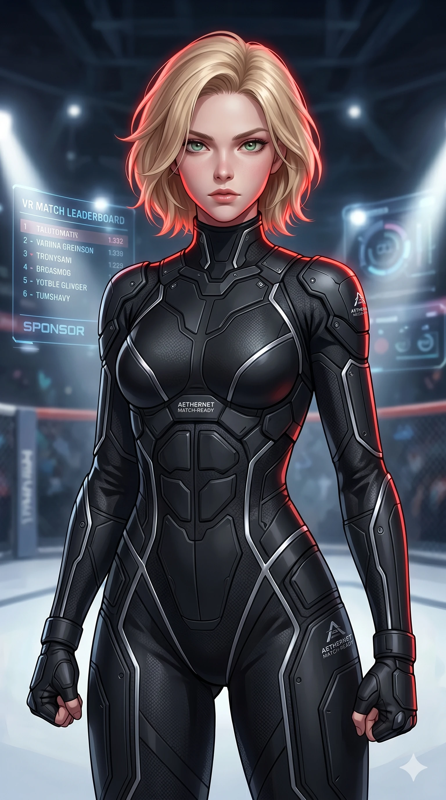 score_9, masterpiece, best quality, ultra-detailed, high-budget anime keyframe, editorial fashion photography, tasteful artistic composition, Caucasian woman, strictly human ears. Upper body close-up from the thighs up, character filling the screen for maximum presence. Inside a virtual reality arena, preparing for a match, clenched fists, looking toward the camera with a determined, serious look. She is wearing a stealth tech-jumpsuit with matte black panels and reflective silver piping. The scene is bathed in intense white spotlights and a sharp red rim light on her face. 2k, ultra detail, master piece, 9:16 ratio