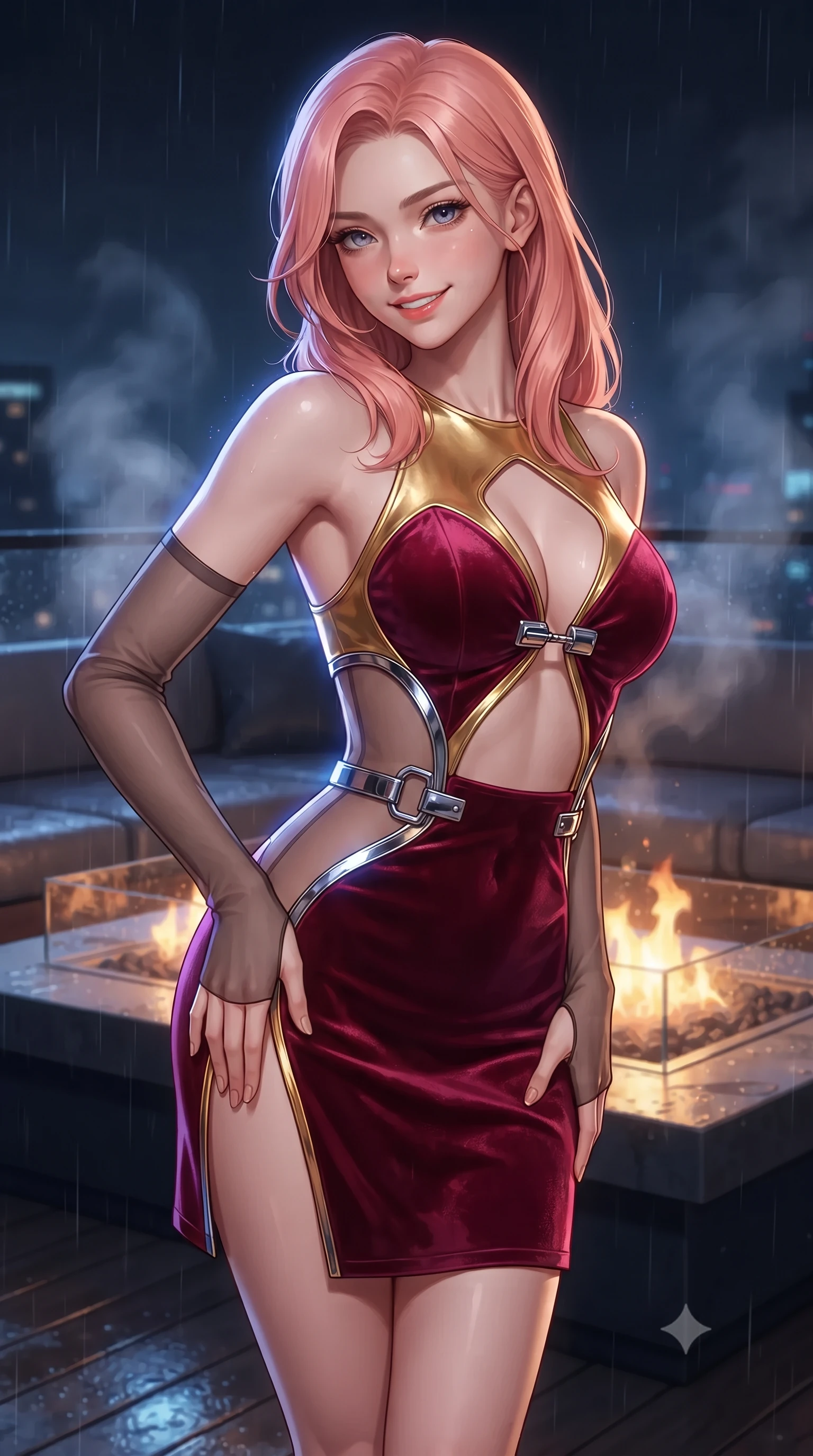 score_9, masterpiece, best quality, ultra-detailed, high-budget anime keyframe, editorial fashion photography, tasteful artistic composition, Japanese woman. close-up cowboy shot from the waist and thighs up, the character dominates the composition, filling the frame with her large presence. tilting her head with a teasing half-smile, running one hand slowly down the side of her hip in a flirtatious S-curve as ambient light caresses her silhouette while twisting her slender torso in an alluring contrapposto stance beside the sunken fire table, electric blue billboard reflections dancing across her narrow waist and curvy hips. The background shows a soft-focus wisps of rooftop exhaust steam softened in ultra-luxury cyberpunk penthouse shallow focus. She has an exceptionally elegant, slender, and willowy female figure with an ultra-slim waist, flat toned midriff, narrow ribcage, and sculpted feminine hips creating an alluring, slim hourglass silhouette without bulk. sharp v-shaped jawline, high-bridge nose, intricate jewel-like sparkling eyes with depth, thick eyelashes, glossy parted lips with a natural peach sheen, bright cheerful beaming smile with an enchanting and coquettish sensual glint, exuding both youthful cute charm and seductive allure, flawlessly proportioned anatomical accuracy, strict slender model proportions, natural body alignment, perfectly sculpted long slender limbs, ultra-slim waistline, clean dynamic posture without body distortion. wearing a provocative open-waist cutout mini dress framed by polished chrome hardware and thigh-high slit in Cyber-Baroque gilded gold and royal crimson velvet, featuring strategic sheer-illusion tulle side panels framing her ribcage and hips, complemented by sheer opera-length evening gloves tracing her slender arms, the form-contouring silhouette accentuating her sculpted flat midriff, narrow delicate ribcage, and gracefully curvy hips with intoxicating allure. illuminated by rain-slicked deck bounce and sharp cobalt-blue rim lights sculpting her jawline, narrow waist, and curvy hips. ultra-reflective glossy finish, specular highlights, rich textural contrasts, high-contrast stereoscopic depth, volumetric dynamic lighting, 2k, ultra detail, master piece, 9:16 ratio