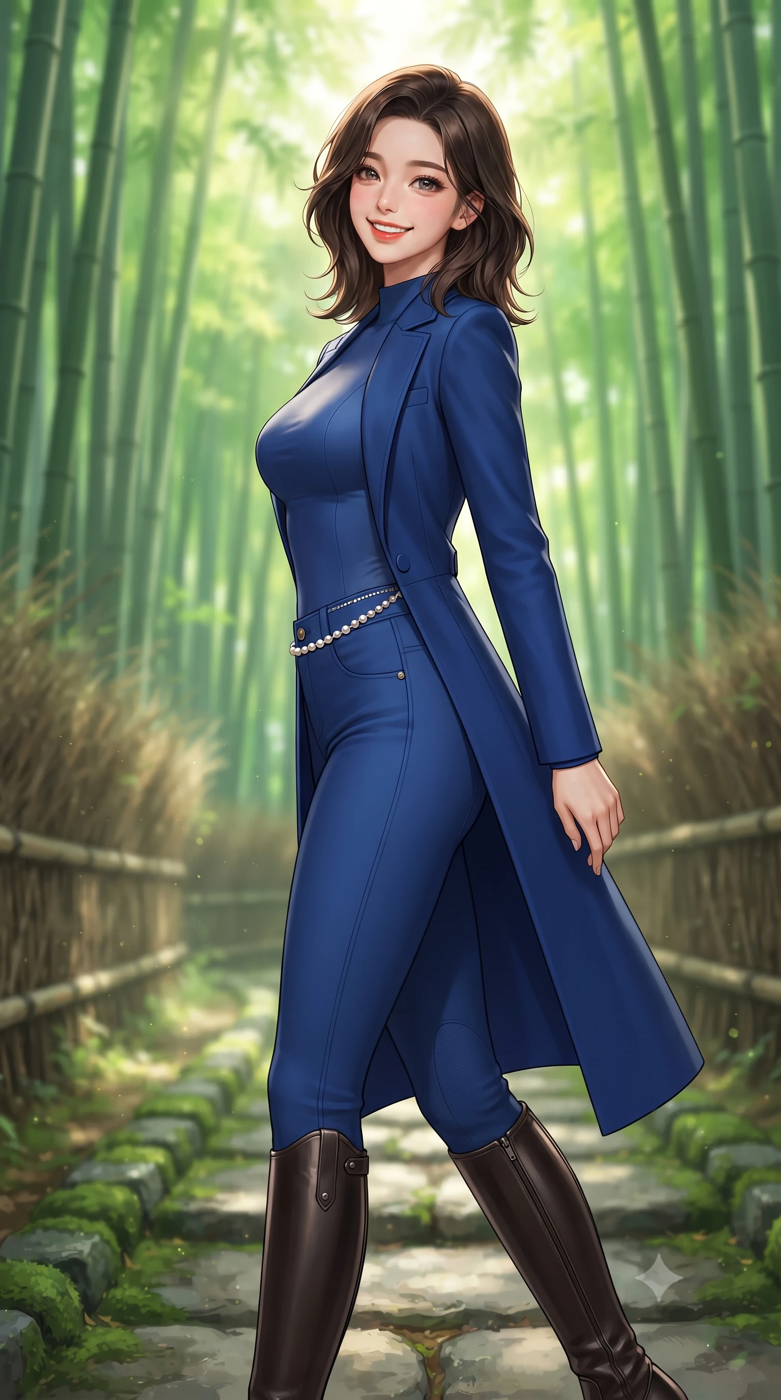 score_9, masterpiece, best quality, ultra-detailed, high-budget anime keyframe, editorial fashion photography, tasteful artistic composition, Korean woman. close-up cowboy shot from the waist and thighs up, the character dominates the composition, filling the frame with her large presence. turning in an alluring three-quarter profile with head tilted, her glossy parted lips and jewel-like eyes catching the warm light while stepping gracefully along the moss-bordered stone path, her minimalist tailored coat creating a striking, slender vertical line. The background shows a soft-focus soaring green bamboo culms stretching toward the canopy, filtered sunbeams (komorebi), and woven bamboo fences blurred into emerald, chartreuse, and jade bokeh. She has an exceptionally elegant, slender, and willowy female figure with an ultra-slim waist, flat toned midriff, narrow ribcage, and sculpted feminine hips creating an alluring, slim hourglass silhouette without bulk. sharp v-shaped jawline, high-bridge nose, intricate jewel-like sparkling eyes with depth, thick eyelashes, glossy parted lips with a natural peach sheen, bright cheerful beaming smile with an enchanting and coquettish sensual glint, exuding both youthful cute charm and seductive allure, flawlessly proportioned anatomical accuracy, strict slender model proportions, natural body alignment, perfectly sculpted long slender limbs, ultra-slim waistline, clean dynamic posture without body distortion. wearing a form-fitting equestrian stretch bodysuit paired with snug tailored riding breeches and polished knee-high leather boots in royal sapphire blue and antique brushed bronze, made of high-gauge compact silk knit that hugs her curves with seamless sculpted precision, accented with a dainty pearl waist chain catching the ambient sunlight across her sculpted waistline, the snug waist-cinching tailoring accentuating her ultra-slim waistline and the enchanting curve of her feminine hips with alluring seductive charm. illuminated by soft green foliage bounce and crisp jade-gold rim lights sculpting her razor-sharp jawline and tall willowy frame. ultra-reflective glossy finish, specular highlights, rich textural contrasts, high-contrast stereoscopic depth, volumetric dynamic lighting, 2k, ultra detail, master piece, 9:16 ratio