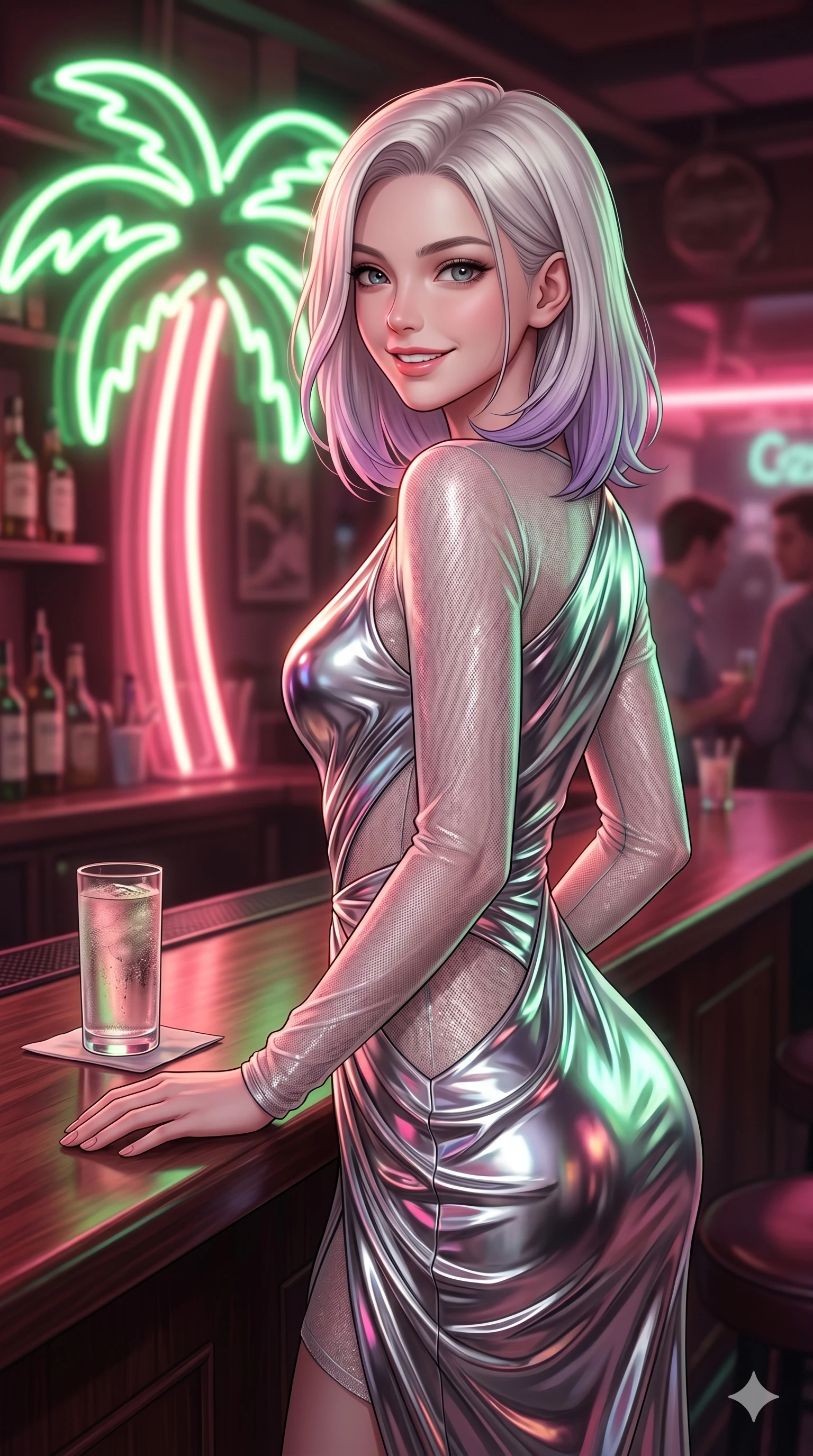 score_9, masterpiece, best quality, ultra-detailed, high-budget anime keyframe, editorial fashion photography, tasteful artistic composition, Caucasian woman, strictly human ears. Upper body close-up from the thighs up, character filling the screen for maximum presence. Standing next to a retro neon palm tree sign in a bar, resting her hand on the bar counter, looking back with a warm smile. She is wearing an asymmetrical dress in liquid-chrome finish and sheer sleeves. The scene is illuminated by the warm pink and green glow of the neon palm tree. 2k, ultra detail, master piece, 9:16 ratio