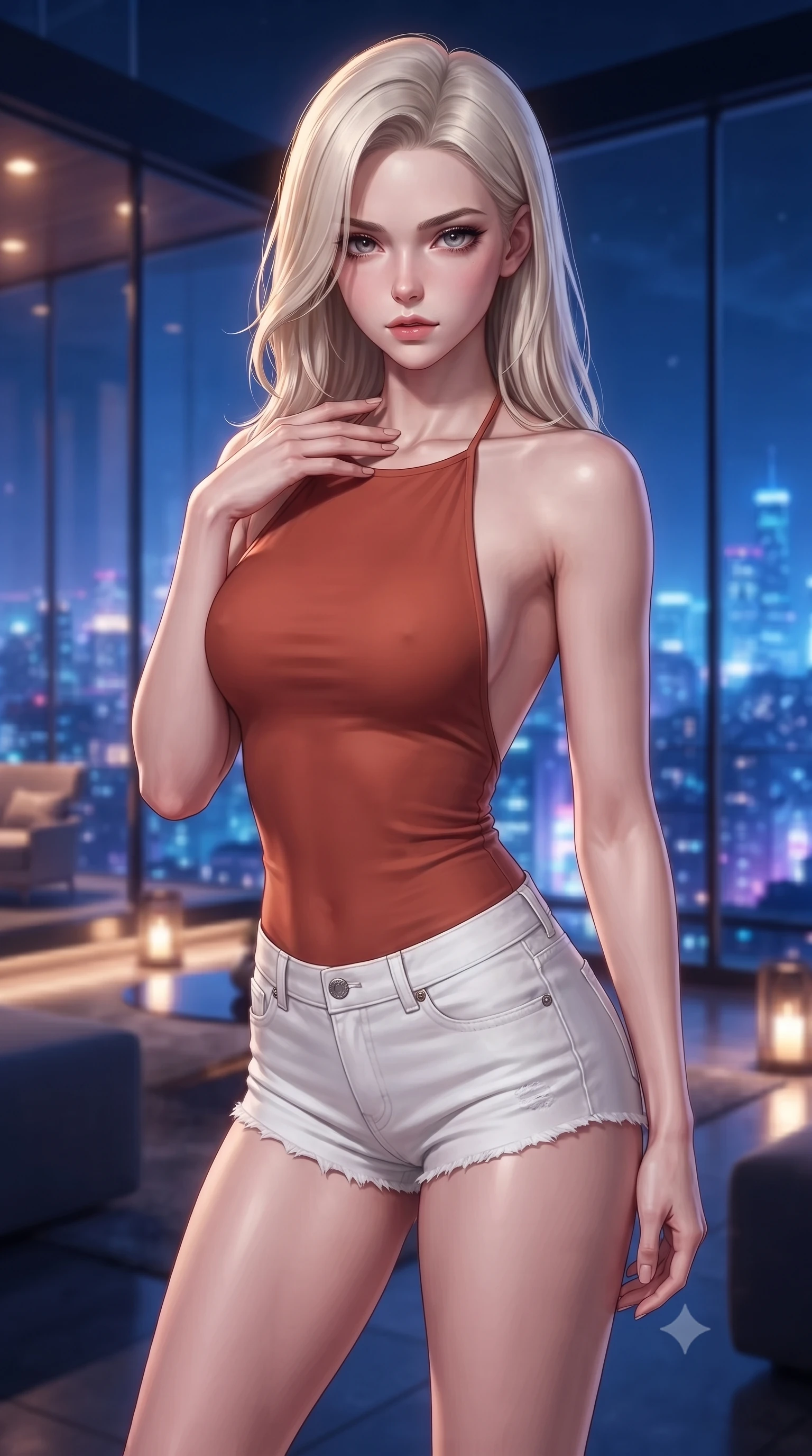 score_9, masterpiece, best quality, ultra-detailed, high-budget anime keyframe, editorial fashion photography, tasteful artistic composition, Caucasian woman. close-up cowboy shot from the waist and thighs up, the character dominates the composition, filling the frame with her large presence, background elements kept in soft focus. standing with one hand resting on her collarbone, looking at the viewer with bedroom-eyes the background shows a soft-focus a modern rooftop helicopter lounge with glass walls overlooking skyscrapers. She has an exceptionally elegant, slender, and willowy female figure with an ultra-slim waist, a gracefully sculpted slender torso, and a refined silhouette. sharp v-shaped jawline, high-bridge nose, intricate jewel-like eyes with depth, thick eyelashes, glossy lips with a natural sheen. wearing a body-hugging backless halter top in terracotta red, paired with white denim micro-shorts. glittering blue and violet city skyline lights contrasting with warm room lights. ultra-reflective glossy finish, specular highlights, metallic sheen, high-contrast stereoscopic depth, volumetric dynamic lighting, 2k, ultra detail, master piece, 9:16 ratio