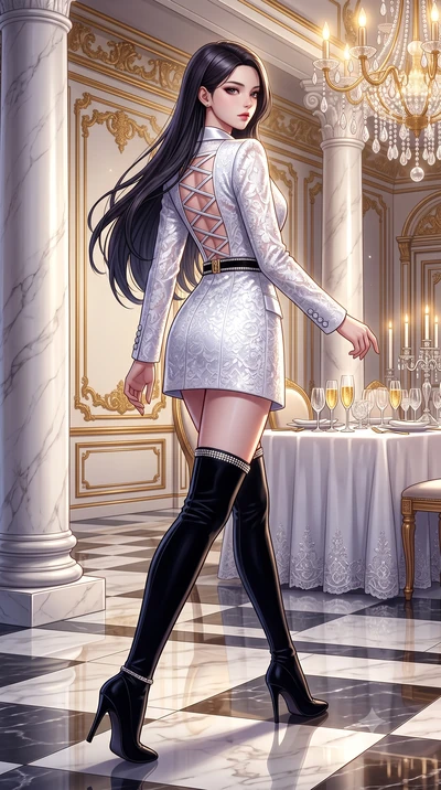 score_9, masterpiece, best quality, ultra-detailed, high-budget anime keyframe, semi-realistic 3D game render, editorial fashion photography, tasteful artistic composition, Korean woman. low angle full-body shot from head to toe showing her feet, fil