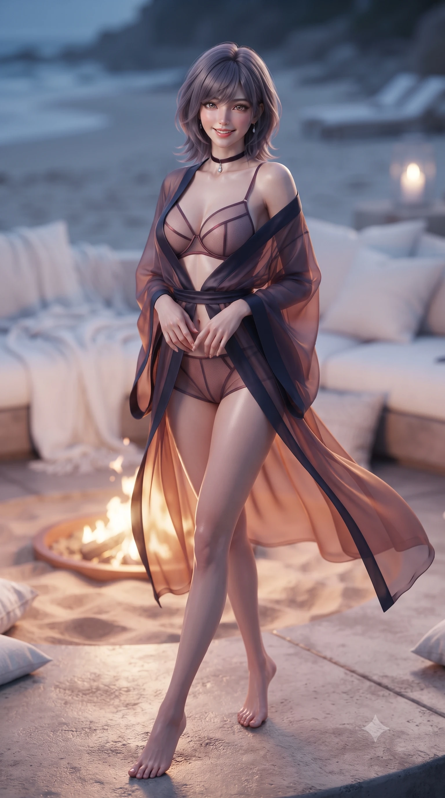 score_9, masterpiece, best quality, ultra-detailed, high-budget anime keyframe, editorial fashion photography, tasteful artistic composition, Japanese woman. low angle full-body shot from head to toe showing her feet, filling the entire 9:16 vertical frame with her statuesque presence, stretching her vertical silhouette. reclining gracefully across the plush chaise lounge with one leg extended, her sculpted silhouette and flat midriff radiating magnetic nocturnal glamour while standing poised on the heated concrete patio beside the sunken beach fire pit, arching her lower back as sea breezes mold her sheer gown to her curves. The background shows a soft-focus billowing white outdoor throws softened in ultra-luxury polar beach camp shallow focus. She has an exceptionally tall and slender model-like 8.5-heads proportion, an ultra-slim waist, a flat toned midriff, narrow delicate ribcage, and beautifully sculpted feminine hips creating a graceful, slim hourglass silhouette without any bulky heaviness, with impossibly long slender legs. sharp v-shaped jawline, high-bridge nose, intricate jewel-like sparkling eyes with depth, thick eyelashes, glossy parted lips with a natural peach sheen, bright cheerful beaming smile with an enchanting and coquettish sensual glint, exuding both youthful cute charm and seductive allure, flawlessly proportioned anatomical accuracy, strict slender model proportions, natural body alignment, perfectly sculpted long slender limbs, ultra-slim waistline, clean dynamic posture without body distortion. wearing an ethereal translucent silk chiffon yukata robe slipping off bare shoulders over a strappy underwire bralette and micro-shorts in Lofoten midnight obsidian and warm hearth copper, woven from fine semi-opaque stretch illusion mesh tracing her slender contours, finished with a thin velvet ribbon choker and a single teardrop diamond pendant, the second-skin tailored fabric adhering flawlessly to her sculpted flat midriff and slender torso, emphasizing her long leg lines and perfectly proportioned willowy build. illuminated by dark sand reflection bounce and sharp copper-gold rim lights sculpting her jawline, narrow waist, and curvy hips. ultra-reflective glossy finish, specular highlights, rich textural contrasts, high-contrast stereoscopic depth, volumetric dynamic lighting, 2k, ultra detail, master piece, 9:16 ratio