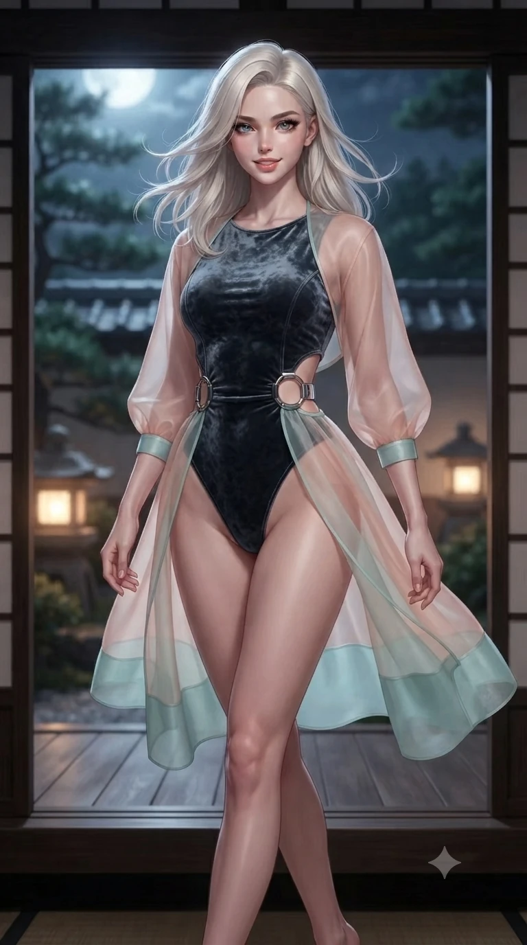 score_9, masterpiece, best quality, ultra-detailed, high-budget anime keyframe, editorial fashion photography, tasteful artistic composition, Caucasian woman. close-up cowboy shot from the waist and thighs up, the character dominates the composition, filling the frame with her large presence. turning slowly with an enchanting smoldering smile, her glossy hair tossing in the breeze as her hips angle gracefully in a captivating contrapposto while stepping gracefully over the raised wooden threshold, her long slender legs and curvy hourglass hips commanding the frame. The background shows a soft-focus framed view of moonlit pine gardens, glowing stone lanterns, and distant tiled walls blurred into jade, honey, and charcoal bokeh. She has an exceptionally elegant, slender, and willowy female figure with an ultra-slim waist, flat toned midriff, narrow ribcage, and sculpted feminine hips creating an alluring, slim hourglass silhouette without bulk. sharp v-shaped jawline, high-bridge nose, sparkling eyes with hypnotic seductive depth, thick curled eyelashes, glossy parted lips with a natural dewy peach sheen, alluring bedroom-eyes with an enchanting coquettish smile, exuding magnetic siren charisma and sophisticated glamour, flawlessly proportioned anatomical accuracy, strict slender model proportions, natural body alignment, perfectly sculpted long slender limbs, ultra-slim waistline, clean dynamic posture without body distortion. wearing a provocative sheer nobang organza wrap overskirt layered over a form-fitting silk leotard with bare hip flanks in pastel peach blossom and celadon porcelain blue, tailored from crushed dark velvet with deep light-absorbing plush texture, accented with sculptural chrome hardware rings framing the subtle cutouts, the liquid-tight tailored fabric clinging flawlessly to her narrow waist and rounded feminine hips, emphasizing every millimeter of her sculpted slim hourglass curves without any bulky heaviness. bathed in dual lighting: cool silver moonlight from the exterior garden contrasting with warm 2700K lantern glow from within. ultra-reflective glossy finish, specular highlights, rich textural contrasts, high-contrast stereoscopic depth, volumetric dynamic lighting, 2k, ultra detail, master piece, 9:16 ratio
