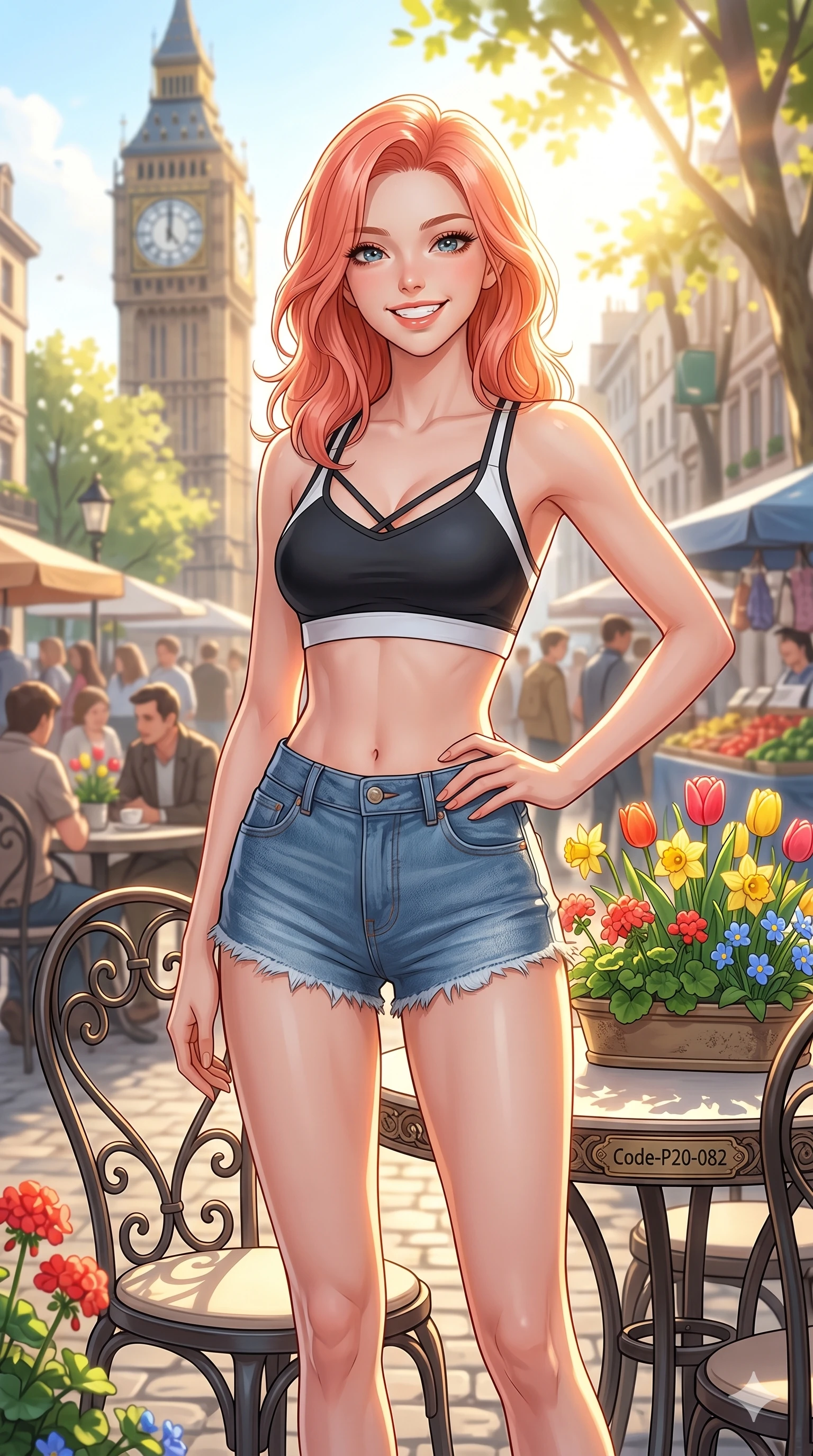score_9, masterpiece, best quality, ultra-detailed, high-budget anime keyframe, vibrant anime aesthetic, Japanese woman. cowboy shot from the thighs up, character and outfit filling the frame for maximum presence. She is posing with a bright grin, one hand on her hip, looking at the lens with joyful eyes by a bright outdoor café table in a city square (Code-P20-082). She has an absolutely perfect 8-heads proportion, an exceptionally tall and slender female figure with impossibly long slender legs and an ultra-slim waist. V-shaped jawline, high-bridge nose, intricate jewel-like eyes with depth, thick eyelashes, glossy lips with a natural sheen. wearing a sleek sports bra with high-waist denim micro-shorts. She is drenched in bright, golden afternoon sunshine that illuminates the spring flowers. 2k, ultra detail, master piece, 9:16 ratio