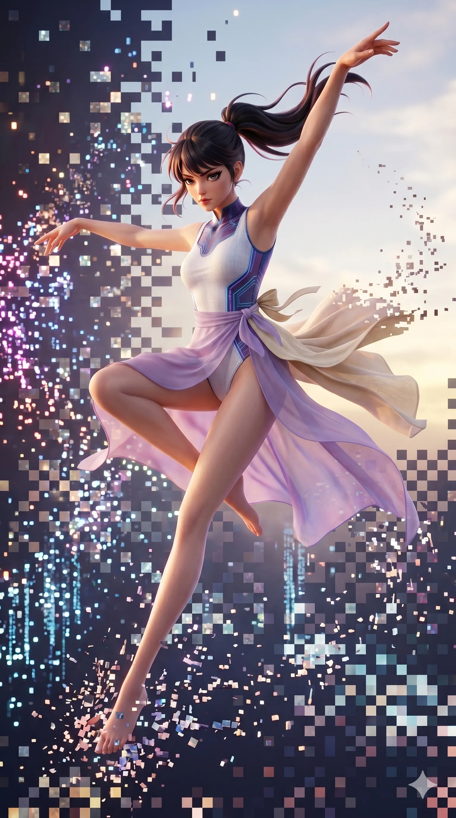 score_9, masterpiece, best quality, ultra-detailed, semi-realistic 3D game render, high-fidelity textures, Unreal Engine 5 style, Korean woman. Mid-air action shot capturing a graceful twist and vertical silhouette. escaping a collapsing digital dimension as the pixels dissolve. She has an absolutely perfect 8-heads proportion, an exceptionally tall and slender female figure with an ultra-slim waist and impossibly long slender legs. strictly human anatomy, two legs only, no extra limbs, clearly defined legs and arms, perfect anatomy, perfect hands and fingers. sharp v-shaped jawline, high-bridge nose, intricate jewel-like eyes, thick eyelashes, glossy lips. Wearing Seasonal/Resort: High-cut one-piece with sarong, linen sundress with tie-back, and sheer fabric wrap. The scene is illuminated by dramatic atmospheric lighting and vibrant color palettes. , 2k, ultra detail, master piece, 9:16 ratio