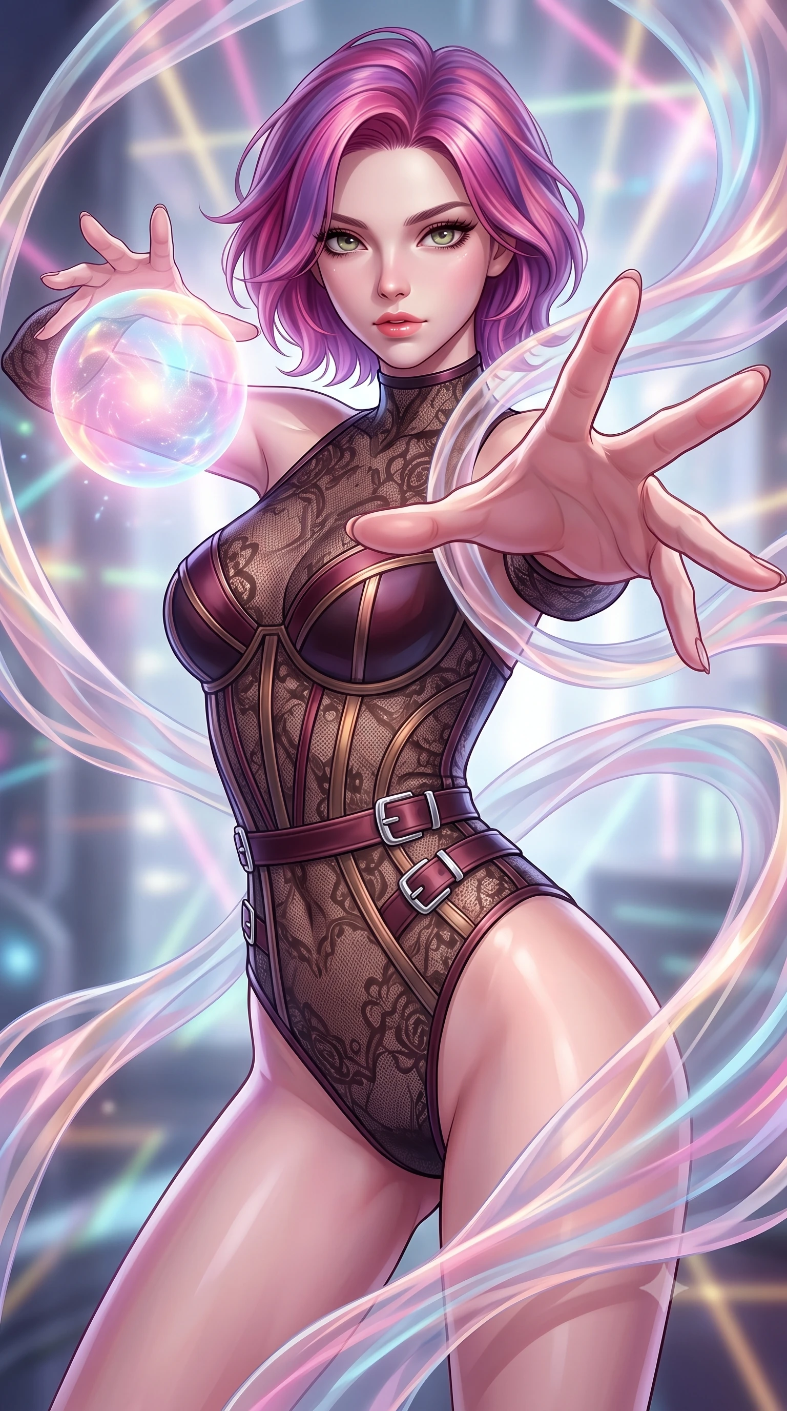 score_9, masterpiece, best quality, ultra-detailed, high-budget anime keyframe, editorial fashion photography, tasteful artistic composition, Caucasian woman. close-up cowboy shot from the waist and thighs up, the character dominates the composition, filling the frame with her large presence, background elements kept in soft focus. Reaching her hand gracefully toward the camera with magnetic allure, her torso turning in a dynamic S-curve alignment while reaching forward with an arm stretch to touch a pulsating pastel light sphere, translucent silk-like plasma streams swirling around her silhouette. She has an exceptionally elegant, slender, and willowy female figure with an ultra-slim waist, a gracefully sculpted slender torso, and a refined silhouette. sharp v-shaped jawline, high-bridge nose, intricate jewel-like eyes with depth, thick eyelashes, glossy lips with a natural sheen, flawlessly proportioned anatomical accuracy, natural body alignment, perfectly sculpted elegant limbs, clean dynamic posture without body distortion. wearing a sheer dark lace pattern bodysuit with structured corsetry boning in deep burgundy and bronze, crafted from smooth liquid silk, detailed with polished silver buckles along the waistline, the tailored fabric tightly following every curve of her athletic build. bathed in sharp geometric laser grid highlights and soft ambient fill. highly saturated vibrant anime colors, detailed shading with soft gradients, rich glossy textures, high-contrast stereoscopic depth, volumetric dynamic lighting, master piece, 9:16 ratio