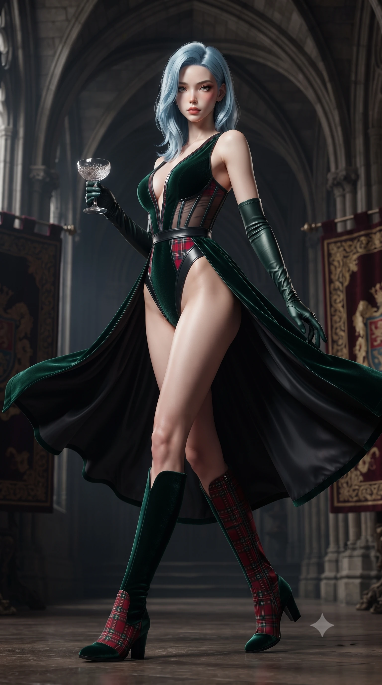score_9, masterpiece, best quality, ultra-detailed, high-budget anime keyframe, editorial fashion photography, tasteful artistic composition, Korean woman. low angle full-body shot from head to toe showing her feet, filling the entire 9:16 vertical frame with her statuesque presence, stretching her vertical silhouette. executing an elegant mid-motion pivot turn as garments swirl around her slender limbs, glancing over her shoulder with an intoxicating bedroom-gaze while standing poised between towering medieval armorial tapestries, twisting her slender torso in a deep contrapposto stance with smoldering bedroom-eyes. The composition keeps background elements in soft focus with creamy bokeh. towering gothic stone rib vaults and heavy velvet tapestries softened in moody shallow focus. She has an exceptionally tall and slender model-like 8.5-heads proportion, an ultra-slim waist, a flat toned midriff, narrow delicate ribcage, and beautifully sculpted feminine hips creating a graceful, slim hourglass silhouette without any bulky heaviness, with impossibly long slender legs. sharp v-shaped jawline, high-bridge nose, intricate jewel-like eyes with depth, thick eyelashes, glossy parted lips with a natural sheen, intensely captivating and seductive bedroom-eyes expression, flawlessly proportioned anatomical accuracy, strict slender model proportions, natural body alignment, perfectly sculpted long slender limbs, ultra-slim waistline, clean dynamic posture without body distortion. wearing a form-contouring equestrian leather-and-gabardine bodysuit with a deep plunge neckline and riding boots in deep emerald green velvet and royal tartan crimson, made of fluid silk crepe with delicate inner corsetry boning, accessorized with opera-length satin gloves and a vintage crystal glass, the second-skin form-contouring cut accentuating her sculpted flat midriff, narrow delicate ribcage, and gracefully curvy hips with supermodel precision. surrounded by an aristocratic, untamed, and dangerously captivating Scottish highland duchess aura. ultra-reflective glossy finish, specular highlights, rich textural contrasts, high-contrast stereoscopic depth, volumetric dynamic lighting, 2k, ultra detail, master piece, 9:16 ratio