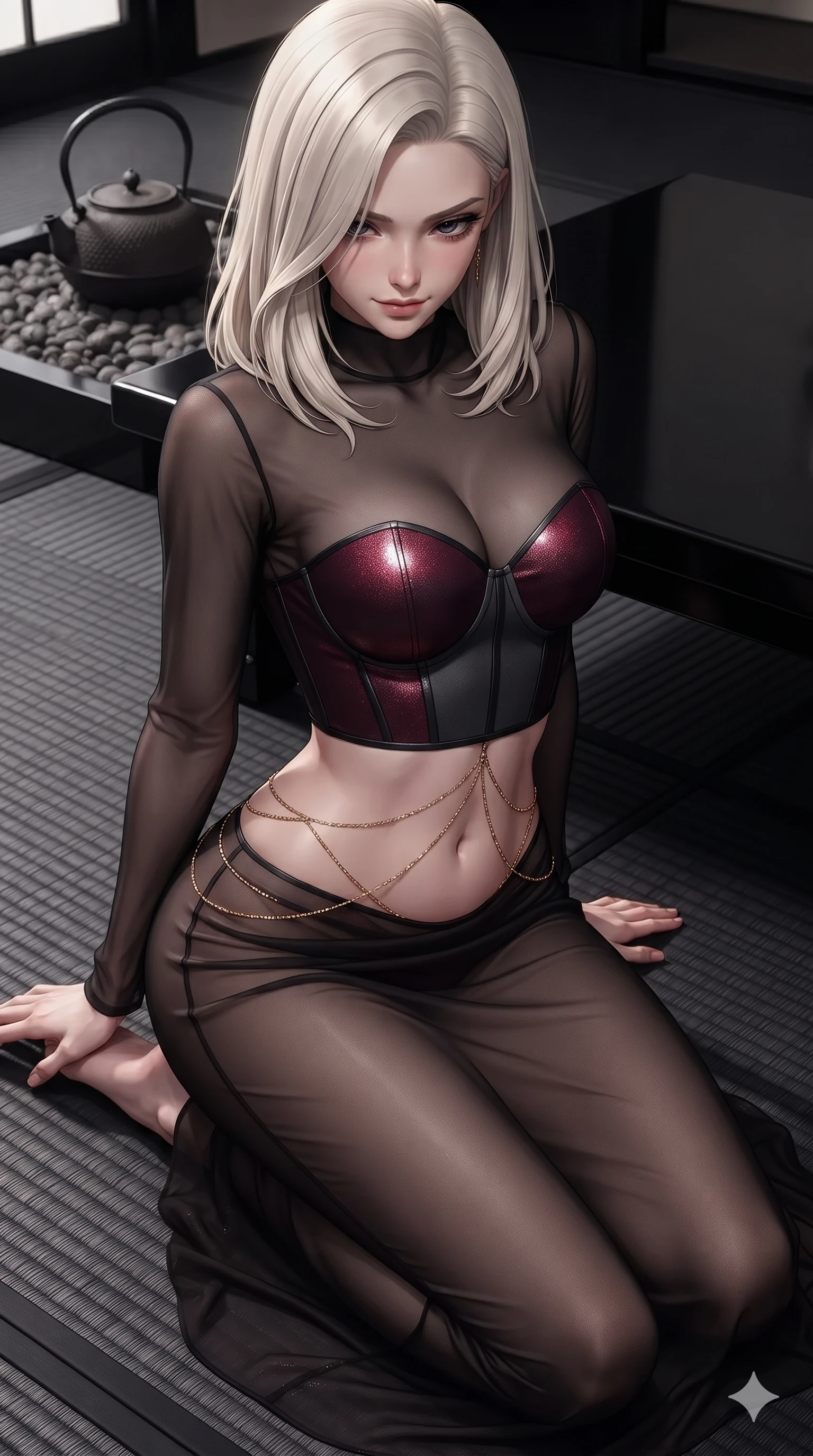 score_9, masterpiece, best quality, ultra-detailed, high-budget anime keyframe, editorial fashion photography, tasteful artistic composition, Caucasian woman. close-up cowboy shot from the waist and thighs up, the character dominates the composition, filling the frame with her large presence. looking down with lowered lashes and a composed, powerful dark aura, her tailored outfit tracing her curves while sliding smoothly across the charcoal tatami with feline poise, her long slender legs and curvy hourglass hips commanding the frame. The surrounding environment is rendered in vivid detail and crisp panoramic clarity: sharp woven charcoal tatami mat texture, cast-iron kettle rough pebble surface, and black lacquer table gloss in deep focus. She has an exceptionally elegant, slender, and willowy female figure with an ultra-slim waist, flat toned midriff, narrow ribcage, and sculpted feminine hips creating an alluring, slim hourglass silhouette without bulk. sharp v-shaped jawline, high-bridge nose, intricate jewel-like dark sparkling eyes with hypnotic seductive depth, thick curled eyelashes, glossy parted lips with a natural wine sheen, alluring bedroom-eyes with an enigmatic smoldering smile, exuding magnetic sovereign charisma and dark avant-garde glamour, flawlessly proportioned anatomical accuracy, strict slender model proportions, natural body alignment, perfectly sculpted long slender limbs, ultra-slim waistline, clean dynamic posture without body distortion. wearing a semi-opaque sheer dark chiffon gown revealing a structured bodice silhouette in deep crimson burgundy and matte charcoal, crafted from stretch micro-mesh with metallic foil coating that shimmers in the laser light, accented with a dainty gold belly chain resting across her flat midriff and curving hips, the glove-like silhouette tightly following the natural contour of her hips and long slender legs with youthful 8.5-heads elegance. illuminated by black lacquer table surface bounce and sharp warm-gold rim lights sculpting her razor-sharp jawline, narrow waist, and curvy hips. ultra-reflective glossy finish, specular highlights, metallic sheen, high-contrast stereoscopic depth, volumetric dynamic lighting, 2k, ultra detail, master piece, 9:16 ratio