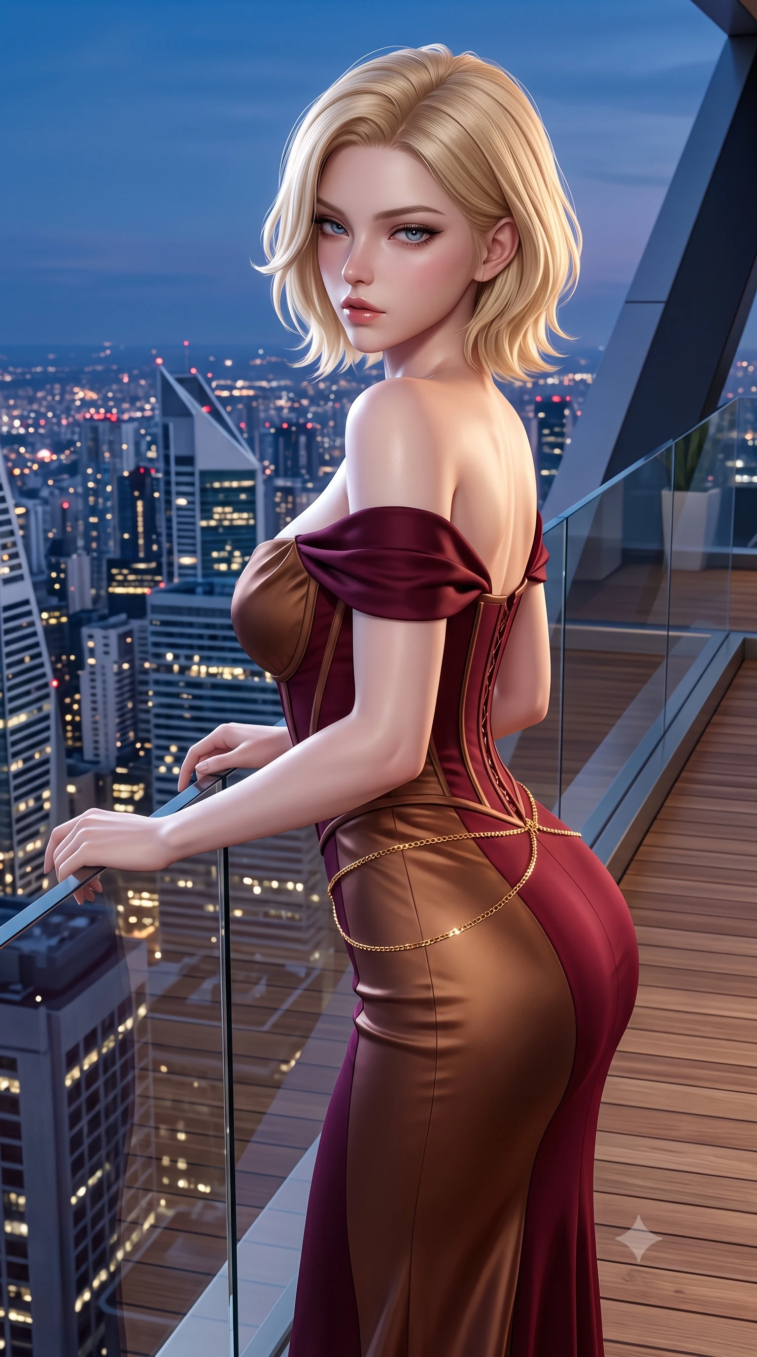 score_9, masterpiece, best quality, ultra-detailed, high-budget anime keyframe, semi-realistic 3D game render, editorial fashion photography, tasteful artistic composition, Caucasian woman. close-up cowboy shot from the waist and thighs up, the character dominates the composition, filling the frame with her large presence. twisting her slender torso in a deep contrapposto stance, hips dramatically shifted to accentuate her feminine curves while looking past her shoulder with smoldering bedroom-eyes while leaning against the seamless glass balcony barrier overlooking a 360-degree glittering city skyline, hips cocked back in a seductive S-curve as she looks over her shoulder. The surrounding environment is rendered in vivid detail and crisp panoramic clarity. crystal-clear penthouse glass railings, modern teak wood decking, and sharp architectural angles in deep focus. She has an exceptionally elegant, slender, and willowy female figure with an ultra-slim waist, a gracefully sculpted slender torso, toned flat midriff, and rounded feminine hips creating an alluring hourglass silhouette. sharp v-shaped jawline, high-bridge nose, intricate jewel-like eyes with depth, thick eyelashes, glossy parted lips with a natural sheen, intensely captivating and seductive bedroom-eyes expression, flawlessly proportioned anatomical accuracy, strict slender model proportions, natural body alignment, perfectly sculpted long slender limbs, ultra-slim waistline, clean dynamic posture without body distortion. wearing a statuesque off-shoulder evening dress with a boned corset bodice and bodycon silhouette in rich wine burgundy and liquid bronze, made of fluid silk crepe with delicate inner corsetry boning, complemented by a delicate gold hip chain catching the ambient city reflections, the glove-like aerodynamic silhouette tightly following the natural contour of her hips and long slender legs with statuesque precision. surrounded by a cosmopolitan, elite, and intensely magnetic modern royalty aura. highly saturated vibrant anime colors, detailed shading with soft gradients, rich glossy textures, high-contrast stereoscopic depth, volumetric dynamic lighting, master piece, 9:16 ratio