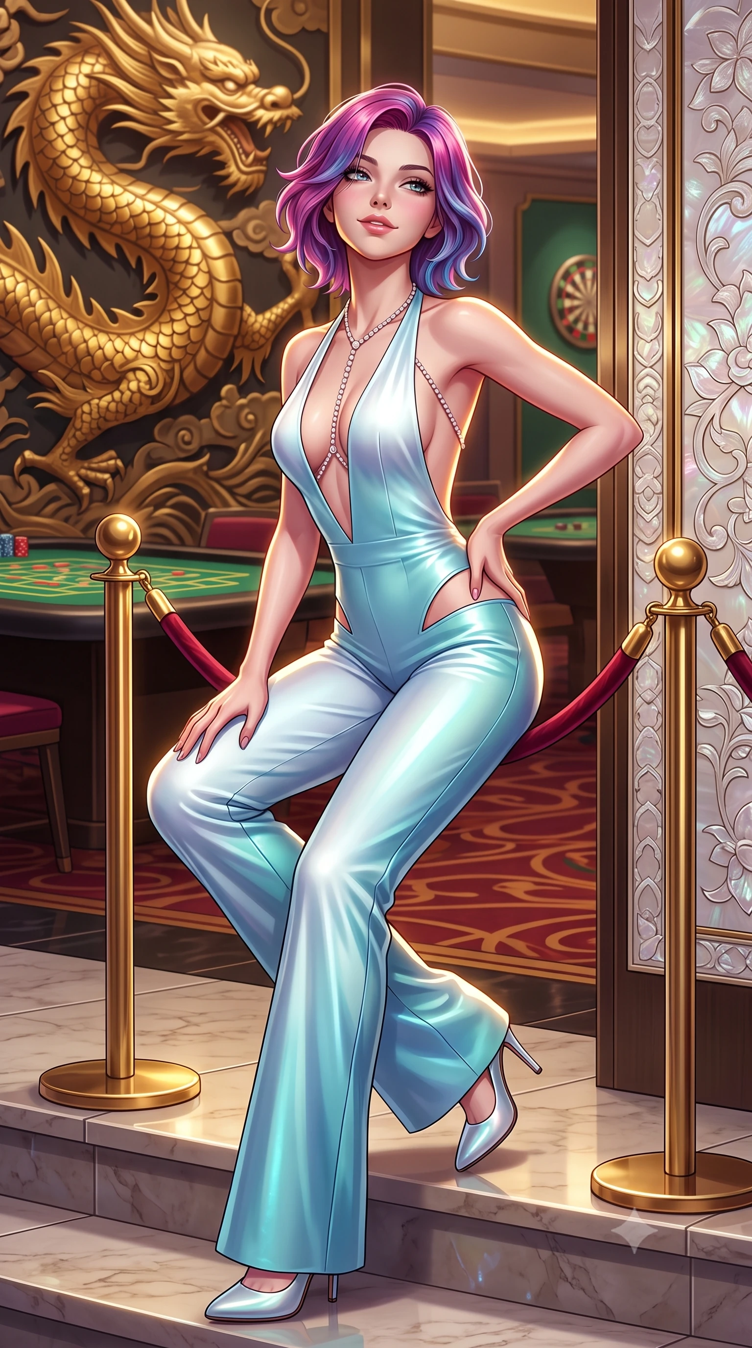 score_9, masterpiece, best quality, ultra-detailed, high-budget anime keyframe, semi-realistic 3D game render, editorial fashion photography, tasteful artistic composition, Caucasian woman. low angle full-body shot from head to toe showing her feet, filling the entire 9:16 vertical frame with her statuesque presence, stretching her vertical silhouette. sitting poised on the stone steps with one knee bent, arching her spine with supermodel elegance as she glances upward through thick eyelashes while standing poised behind the velvet-roped VIP entrance, one hand resting on her sculpted hip with sovereign femme fatale elegance. The surrounding environment is rendered in vivid detail and crisp panoramic clarity: sharp gold-leaf scale carvings on the dragon mural, green felt table weave, and embossed mother-of-pearl plaque edges in deep focus. She has an absolutely perfect, statuesque 8.5-heads proportion, an exceptionally tall and slender model-like female figure with impossibly long slender legs, an ultra-slim waist, a flat toned midriff, narrow delicate ribcage, and beautifully sculpted feminine hips creating a graceful, slim hourglass silhouette without any bulky heaviness. sharp v-shaped jawline, high-bridge nose, sparkling eyes with hypnotic seductive depth, thick curled eyelashes, glossy parted lips with a natural dewy peach sheen, alluring bedroom-eyes with an enchanting coquettish smile, exuding magnetic siren charisma and sophisticated glamour, flawlessly proportioned anatomical accuracy, strict slender model proportions, natural body alignment, perfectly sculpted long slender limbs, ultra-slim waistline, clean dynamic posture without body distortion. wearing a backless plunge-front second-skin satin jumpsuit with fluid wide legs and laser-cut hip openings in celestial water-lily white and shimmering aquamarine, woven from buttery-soft stretch lambskin leather adhering to her body like a second skin, finished with a pearl-drop body harness subtly framing her dewy collarbones and spine, the form-contouring silhouette accentuating her sculpted flat midriff, narrow delicate ribcage, and gracefully curvy hips with intoxicating allure. illuminated by polished table lacquer bounce and sharp warm-gold rim lights sculpting her jawline, flat midriff, and voluptuous hip curves. highly saturated vibrant anime colors, detailed shading with soft gradients, rich glossy textures, high-contrast stereoscopic depth, volumetric dynamic lighting, master piece, 9:16 ratio