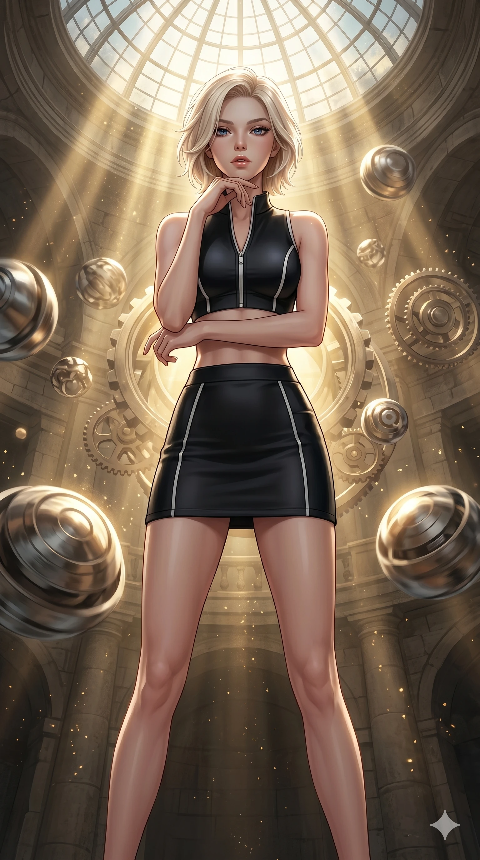 score_9, masterpiece, best quality, ultra-detailed, high-budget anime keyframe, editorial fashion photography, tasteful artistic composition, Caucasian woman, strictly human ears. cowboy shot from the thighs up, character and outfit filling the frame for maximum editorial presence. Resting her chin on the backs of her fingers in a confident pose within a circular vault where metal spheres float and spin around a central light. She has an absolutely perfect 8-heads proportion, an exceptionally tall and slender female figure with impossibly long slender legs and an ultra-slim waist. V-shaped jawline, high-bridge nose, intricate jewel-like eyes with depth, thick eyelashes, glossy lips with a natural sheen. wearing a black neoprene crop top with white piping and a front zip, paired with a matching high-waist neoprene mini skirt. drenched in cinematic god-ray sunlight descending from a vaulted glass ceiling, illuminating her form. 2k, ultra detail, master piece, 9:16 ratio