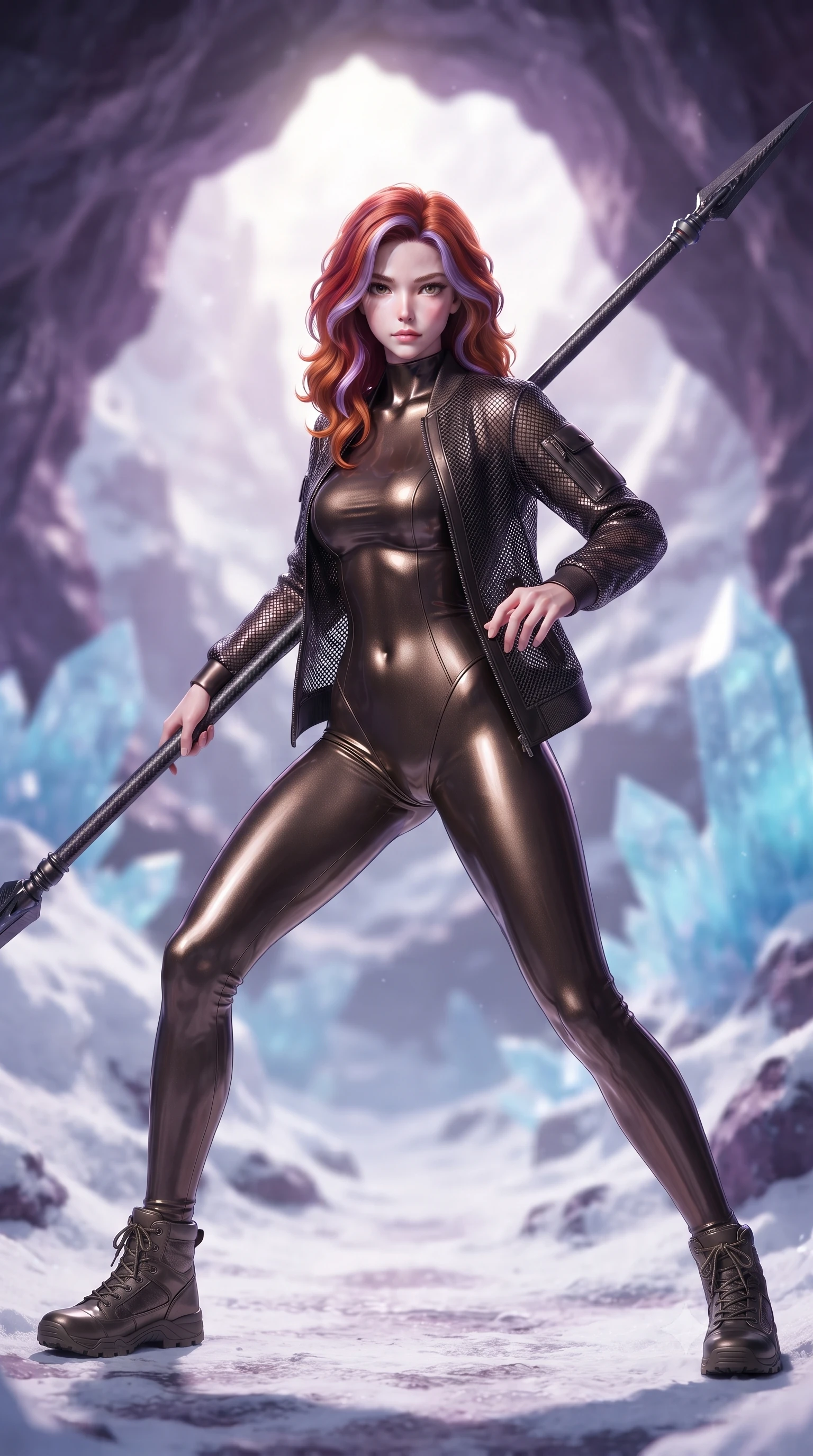 score_9, masterpiece, best quality, ultra-detailed, high-budget anime keyframe, editorial fashion photography, tasteful artistic composition, Caucasian woman. low angle full-body shot from head to toe showing her feet, filling the entire 9:16 vertical frame with her statuesque presence, stretching her vertical silhouette. standing in a dynamic combat stance with a carbon-fiber spear held diagonally, stretching her statuesque body, the background shows a soft-focus a mountain peak cavern with snow drifts and blue quartz formations. She has an absolutely perfect, statuesque 8.5-heads proportion, an exceptionally tall and slender model-like female figure with impossibly long slender legs and an ultra-slim waist. sharp v-shaped jawline, high-bridge nose, intricate jewel-like eyes with depth, thick eyelashes, glossy lips with a natural sheen. wearing a tailored form-fitting high-neck bodysuit in dark bronze, worn under a tailored open carbon-mesh tactical jacket. bright morning starlight highlighting white snow and purple rock in vivid tones. ultra-reflective glossy finish, specular highlights, metallic sheen, high-contrast stereoscopic depth, volumetric dynamic lighting, 2k, ultra detail, master piece, 9:16 ratio
