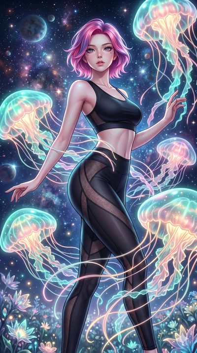 score_9, masterpiece, best quality, ultra-detailed, high-budget anime keyframe, Korean woman. upper body close-up from the thighs up, character filling the screen for maximum presence. swirling gracefully among the glowing ribbon-like tentacles of gi