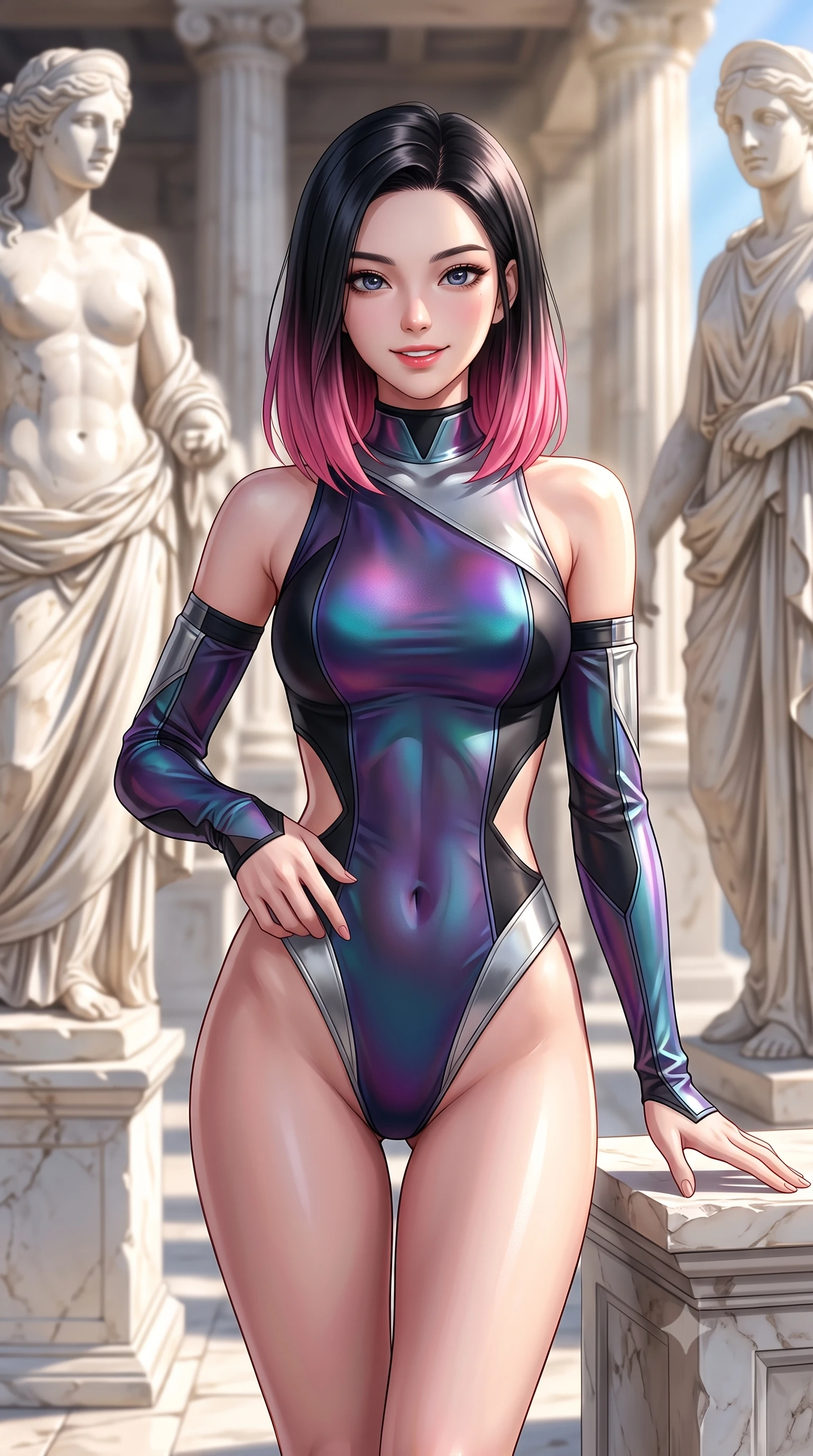 score_9, masterpiece, best quality, ultra-detailed, high-budget anime keyframe, editorial fashion photography, tasteful artistic composition, Korean woman. close-up cowboy shot from the waist and thighs up, the character dominates the composition, filling the frame with her large presence, background elements kept in soft focus. Smiling with quiet, magnetic self-assurance directly into the lens standing among classical Greek marble statues in an open-air sunlit acropolis, intense Mediterranean sun beams illuminating polished white marble surfaces. She has an exceptionally elegant, slender, and willowy female figure with an ultra-slim waist, a gracefully sculpted slender torso, and a refined silhouette. sharp v-shaped jawline, high-bridge nose, intricate jewel-like eyes with depth, thick eyelashes, glossy lips with a natural sheen. wearing an asymmetrical high-cut tech-bodysuit with detached sleeves in matte black and polished silver, crafted from iridescent chiffon that shifts colors in the light, featuring subtle geometric cutouts that highlight her ultra-slim midriff, the sleek second-skin texture accentuating her magnetic presence. surrounded by a noble, timeless acropolis radiance. highly saturated vibrant anime colors, detailed shading with soft gradients, rich glossy textures, high-contrast stereoscopic depth, volumetric dynamic lighting, master piece, 9:16 ratio