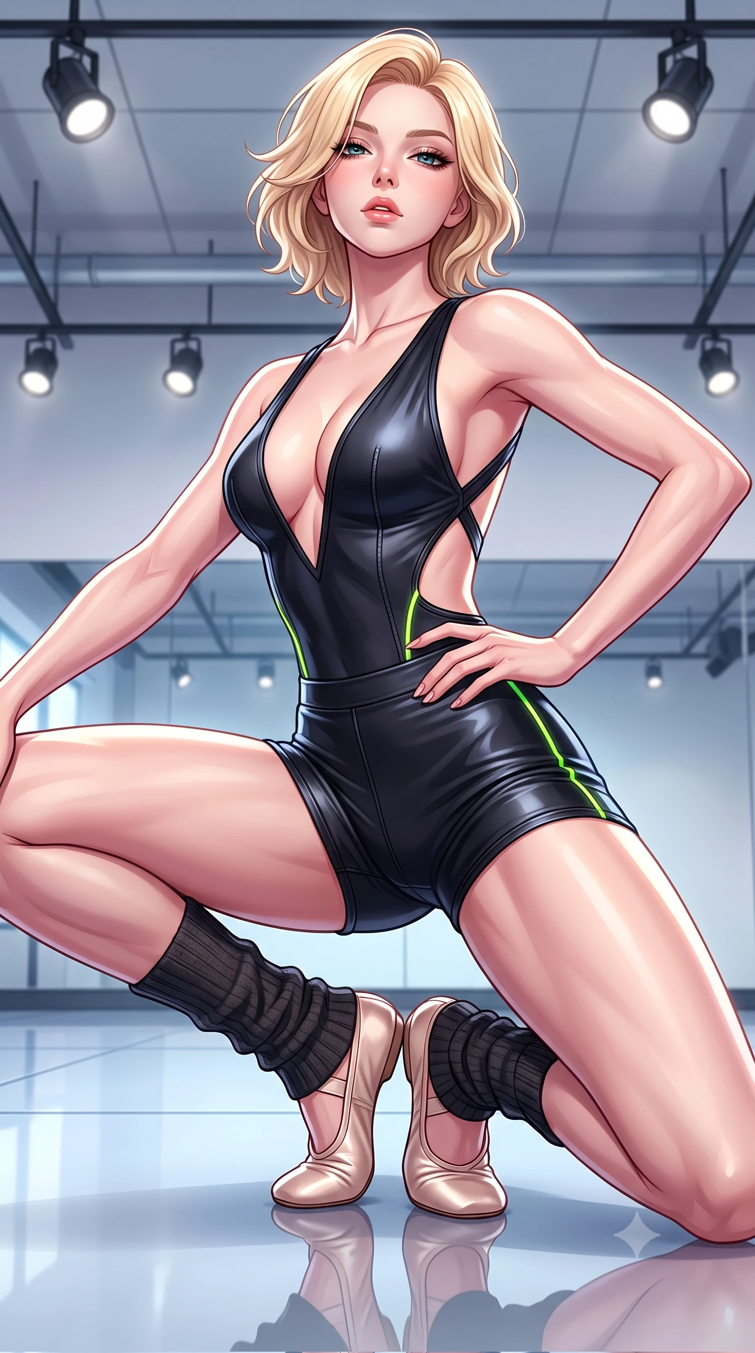 score_9, masterpiece, best quality, ultra-detailed, high-budget anime keyframe, semi-realistic 3D game render, editorial fashion photography, tasteful artistic composition, Caucasian woman. close-up cowboy shot from the waist and thighs up, the character dominates the composition, filling the frame with her large presence. tilting her chin up with proud, sovereign allure while gazing through thick eyelashes, one hand resting on her waist in pure supermodel charisma while crouching in a low, balanced dancer plié on the reflective floor, her athletic feminine curves and toned hips creating a breathtaking line. The surrounding environment is rendered in vivid detail and crisp panoramic clarity. detailed muscle definition, fabric stretch tension lines, and studio spotlight fixtures in high clarity. She has an exceptionally elegant, slender, and willowy female figure with an ultra-slim waist, a gracefully sculpted slender torso, toned flat midriff, and rounded feminine hips creating an alluring hourglass silhouette. sharp v-shaped jawline, high-bridge nose, intricate jewel-like eyes with depth, thick eyelashes, glossy parted lips with a natural sheen, intensely captivating and seductive bedroom-eyes expression, flawlessly proportioned anatomical accuracy, strict slender model proportions, natural body alignment, perfectly sculpted long slender limbs, ultra-slim waistline, clean dynamic posture without body distortion. wearing a deep-V plunge dance bodysuit with crossed back straps and body-hugging boy-shorts in pitch black with gloss neon piping, tailored from supple stretch leather with precision-stitched seams, accessorized with knitted leg warmers and delicate satin ballet slippers, the precision-cut side openings and low-back scoop framing her graceful spine and the sensual sweep of her hips. surrounded by a disciplined, sensual, and exquisitely graceful haute-couture dancer aura. highly saturated vibrant anime colors, detailed shading with soft gradients, rich glossy textures, high-contrast stereoscopic depth, volumetric dynamic lighting, master piece, 9:16 ratio