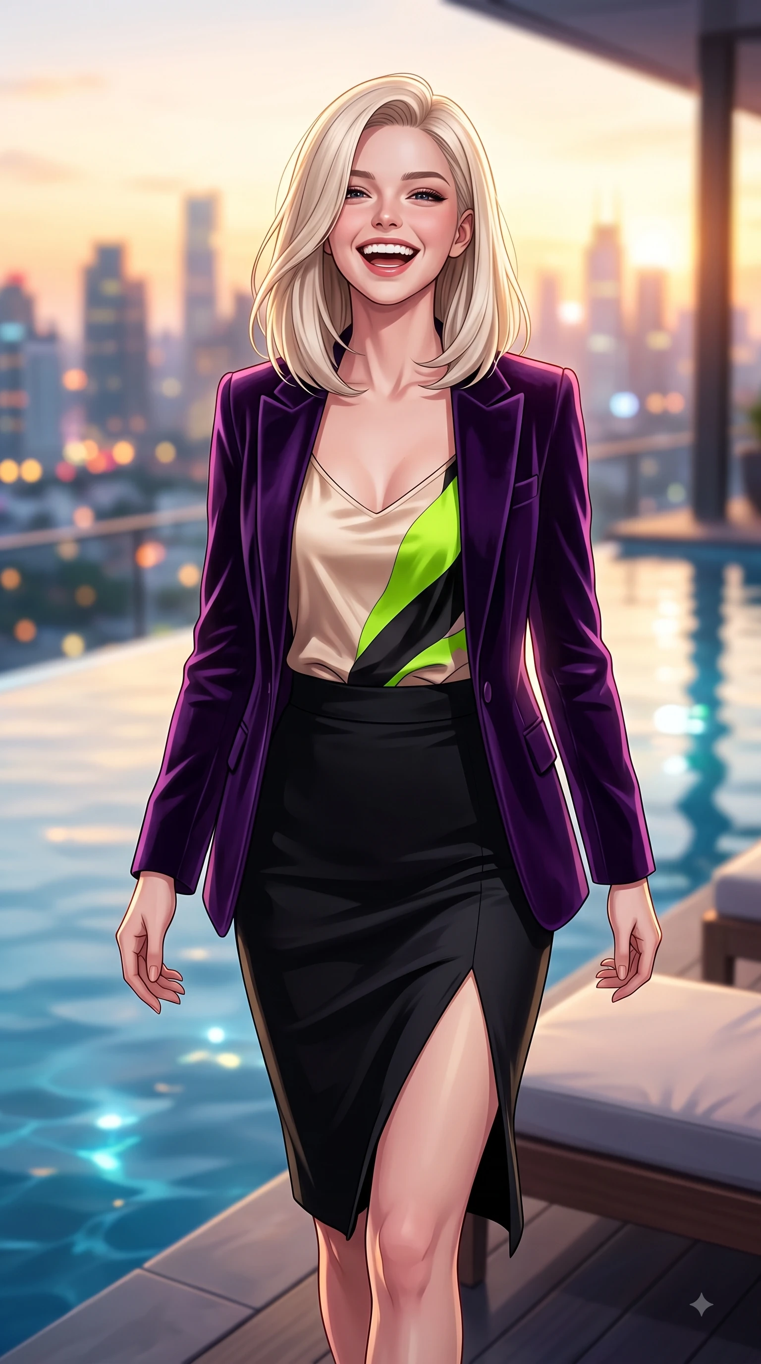 score_9, masterpiece, best quality, ultra-detailed, high-budget anime keyframe, editorial fashion photography, tasteful artistic composition, Caucasian woman. close-up cowboy shot from the waist and thighs up, the character dominates the composition, filling the frame with her large presence. Beaming joyful energy with a infectious laughter that brightens the entire composition while stepping gracefully onto an open-air rooftop lounge as golden sunset city lights twinkle. The composition keeps background elements in soft focus with dreamy bokeh. metropolitan skyline silhouettes blurred into a dramatic evening backdrop. She has an exceptionally elegant, slender, and willowy female figure with an ultra-slim waist, a gracefully sculpted slender torso, and a refined silhouette. sharp v-shaped jawline, high-bridge nose, intricate jewel-like eyes with depth, thick eyelashes, glossy lips with a natural sheen, flawlessly proportioned anatomical accuracy, natural body alignment, perfectly sculpted elegant limbs, clean dynamic posture without body distortion. wearing a deep amethyst purple velvet blazer over a silky champagne camisole in bright lime green and sleek jet black, tailored from crisp high-density cotton poplin, finished with a sleek side slit ascending to mid-thigh, the sleek second-skin fit accentuating her magnetic presence. illuminated by crisp specular highlights from infinity pool reflections and city lights. highly saturated vibrant anime colors, detailed shading with soft gradients, rich glossy textures, high-contrast stereoscopic depth, volumetric dynamic lighting, master piece, 9:16 ratio