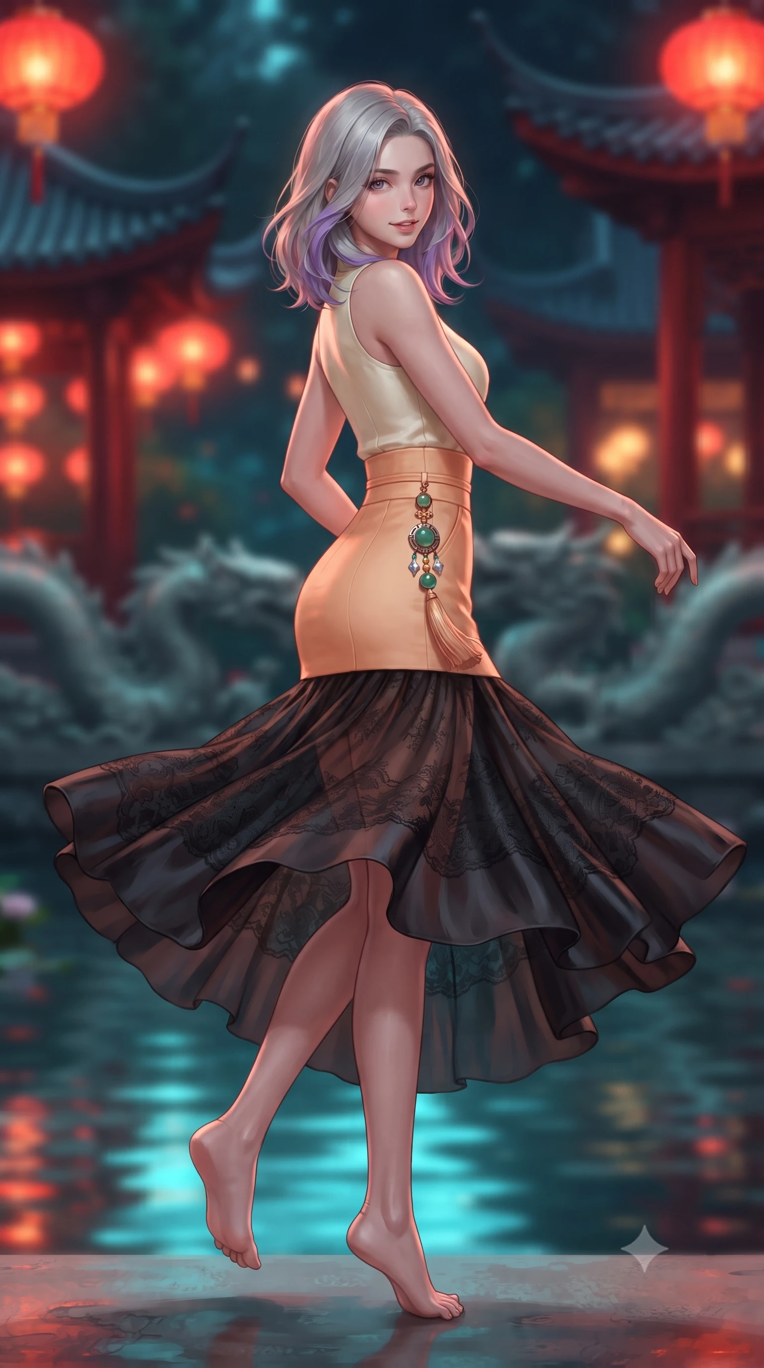 score_9, masterpiece, best quality, ultra-detailed, high-budget anime keyframe, editorial fashion photography, tasteful artistic composition, Caucasian woman. low angle full-body shot from head to toe showing her feet, filling the entire 9:16 vertical frame with her statuesque presence, stretching her vertical silhouette. executing a graceful dancer pivot turn as her layered silk chima skirt flutters around her slender legs, glancing over her shoulder with an intoxicating bedroom-gaze while lounging gracefully on a carved teak bridge bench with legs crossed, her modern high-slit qipao commanding the tranquil water garden. The background shows a soft-focus sweeping upturned pagoda roofs with carved undulating dragon walls blurred into rich vermilion, imperial gold, and midnight blue bokeh. She has an absolutely perfect, statuesque 8.5-heads proportion, an exceptionally tall and slender model-like female figure with impossibly long slender legs, an ultra-slim waist, a flat toned midriff, narrow delicate ribcage, and beautifully sculpted feminine hips creating a graceful, slim hourglass silhouette without any bulky heaviness. sharp v-shaped jawline, high-bridge nose, intricate jewel-like dark sparkling almond eyes with depth, thick lashes, glossy parted lips with a natural rose-plum sheen, bright alluring and coquettish smile with bedroom-eyes, exuding both timeless oriental elegance and sovereign high-fashion allure, flawlessly proportioned anatomical accuracy, strict slender model proportions, natural body alignment, perfectly sculpted long slender limbs, ultra-slim waistline, clean dynamic posture without body distortion. wearing a sheer black lace jeogori worn over an opaque dark silk bralette with an ultra-fitted high-waisted pencil skirt in warm peach apricot and soft vanilla silk, tailored from fine crisp cotton-linen with clean structural lines, finished with an ornate modern norigae tassel with polished jade and chrome charms resting on her curvy hips, the high-waisted wrap tailoring accentuating her ultra-slim waistline and the enchanting curve of her feminine hips with alluring oriental charm. bathed in vibrant red lantern warmth and cool electric cyan water reflections. ultra-reflective glossy finish, specular highlights, rich textural contrasts, high-contrast stereoscopic depth, volumetric dynamic lighting, 2k, ultra detail, master piece, 9:16 ratio