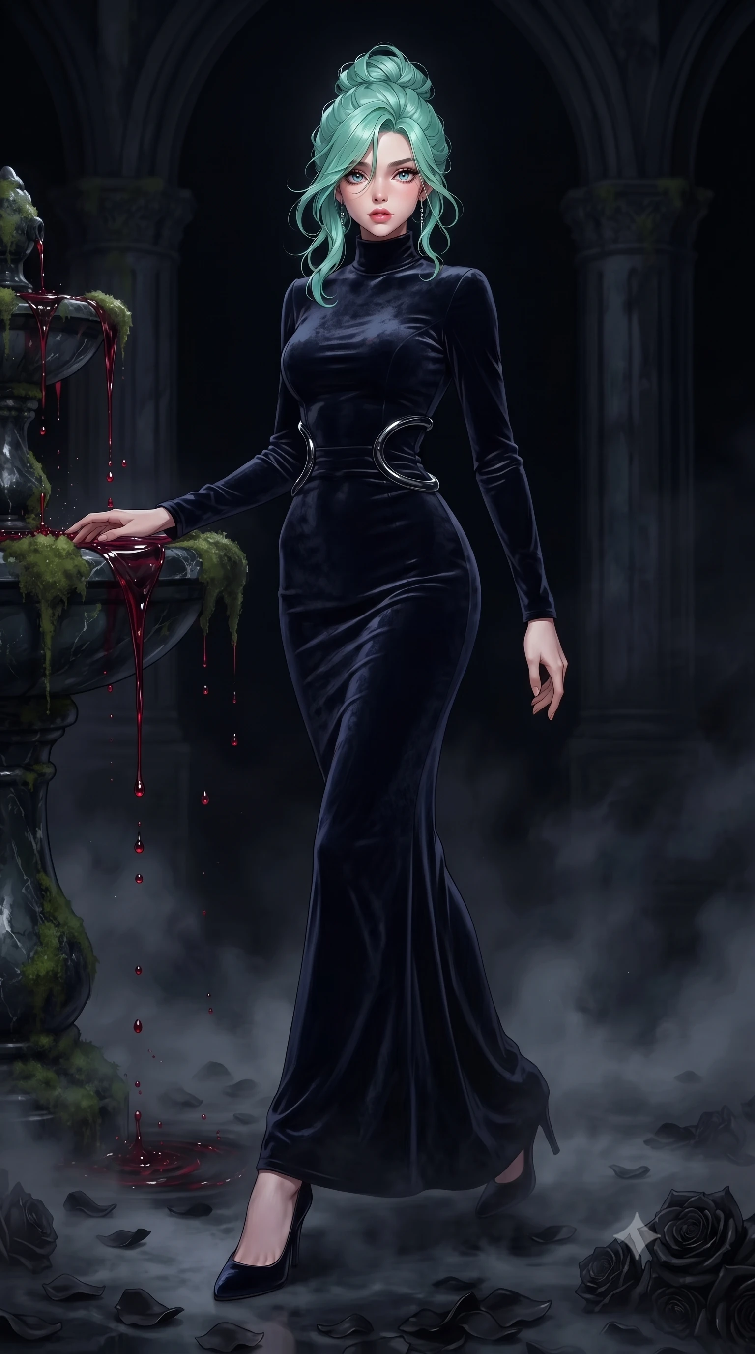 score_9, masterpiece, best quality, ultra-detailed, high-budget anime keyframe, editorial fashion photography, tasteful artistic composition, Japanese woman. low angle full-body shot from head to toe showing her feet, filling the entire 9:16 vertical frame with her statuesque presence, stretching her vertical silhouette. stepping gracefully through the dark environment, stretching her statuesque silhouette, resting against a moss-covered dark marble fountain flowing with dark ruby water, velvety black rose petals floating on dark mist-covered ground. She has an absolutely perfect, statuesque 8.5-heads proportion, an exceptionally tall and slender model-like female figure with impossibly long slender legs and an ultra-slim waist. sharp v-shaped jawline, high-bridge nose, intricate jewel-like eyes with depth, thick eyelashes, glossy lips with a natural sheen. wearing floor-length high-neck midnight navy velvet gown with long sleeves in midnight navy blue, made of crushed dark silk velvet, accented with sculpted obsidian chrome rings at the waist, contouring every curve with an exceptionally elegant silhouette. surrounded by dramatic gothic chiaroscuro with sharp edge highlights. highly saturated vibrant anime colors, detailed shading with soft gradients, rich glossy textures, high-contrast stereoscopic depth, volumetric dynamic lighting, master piece, 9:16 ratio