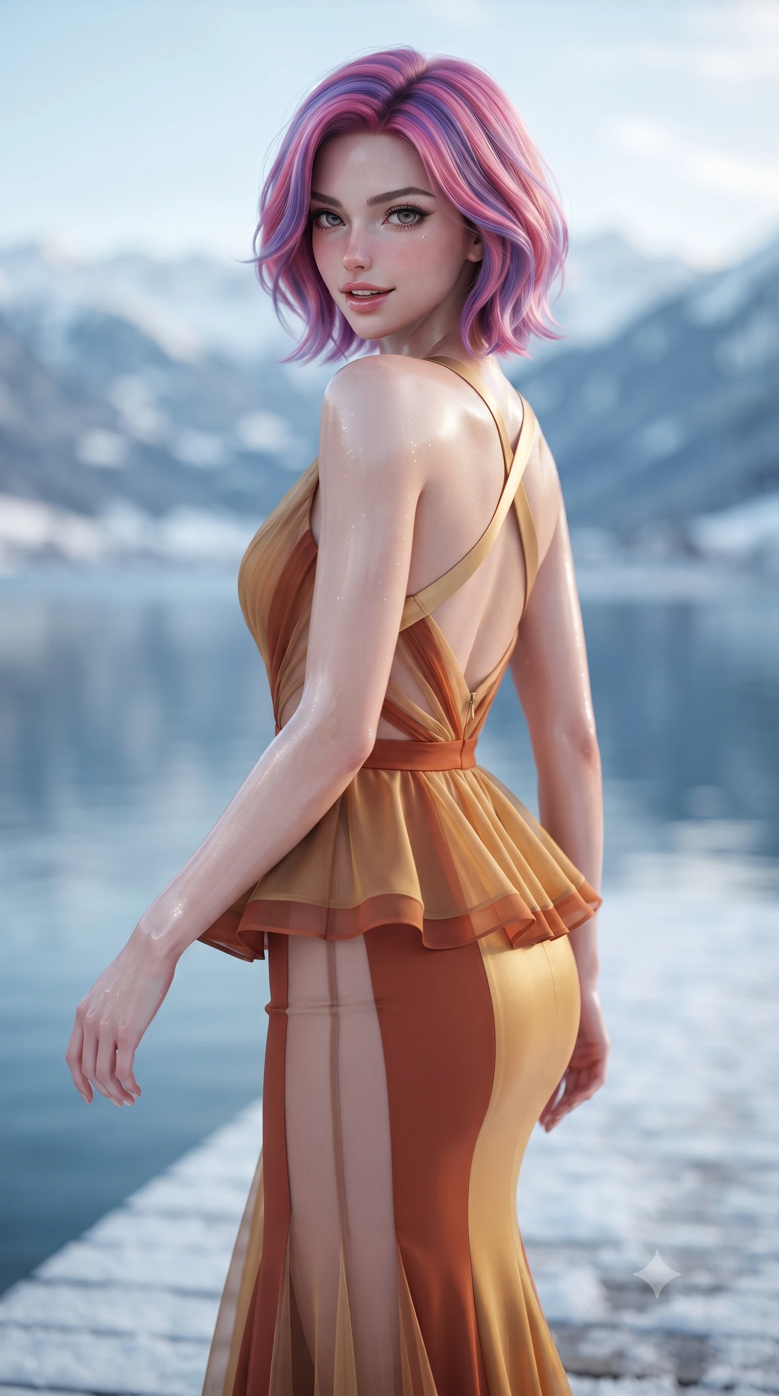 score_9, masterpiece, best quality, ultra-detailed, high-budget anime keyframe, editorial fashion photography, tasteful artistic composition, Caucasian woman. close-up cowboy shot from the waist and thighs up, the character dominates the composition, filling the frame with her large presence. turning over a bare shoulder with an intoxicating, teasing smile, her soft hair framing her sharp jawline as her hips angle gracefully while stepping out onto the frosted timber deck in an elegant turn, her form-contouring knit dress sculpting her slim hourglass silhouette. The composition keeps background elements in soft focus with creamy bokeh. panoramic snow-capped Swiss Alps and calm lake waters blurred into soft cerulean, slate-blue, and crystal-white bokeh. She has an exceptionally elegant, slender, and willowy female figure with an ultra-slim waist, flat toned midriff, narrow ribcage, and sculpted feminine hips creating an alluring, slim hourglass silhouette without bulk. sharp v-shaped jawline, high-bridge nose, intricate jewel-like eyes with depth, thick eyelashes, glossy parted lips with a natural sheen, intensely captivating and seductive bedroom-eyes expression, flawlessly proportioned anatomical accuracy, strict slender model proportions, natural body alignment, perfectly sculpted long slender limbs, ultra-slim waistline, clean dynamic posture without body distortion. wearing a structural geometric peplum gown with sheer side-ribbon cutouts and form-fitting skirt in molten desert gold and burnt terracotta, woven from layered gossamer chiffon with a weightless sweeping drape, finished with criss-cross back satin straps highlighting her graceful shoulder blades, the form-contouring material adhering flawlessly to her sculpted flat midriff and slender torso, emphasizing her long leg lines and perfectly proportioned willowy build. illuminated by bright specular snow reflections tracing her sculpted collarbones, waist, and long limbs. ultra-reflective glossy finish, specular highlights, rich textural contrasts, high-contrast stereoscopic depth, volumetric dynamic lighting, 2k, ultra detail, master piece, 9:16 ratio