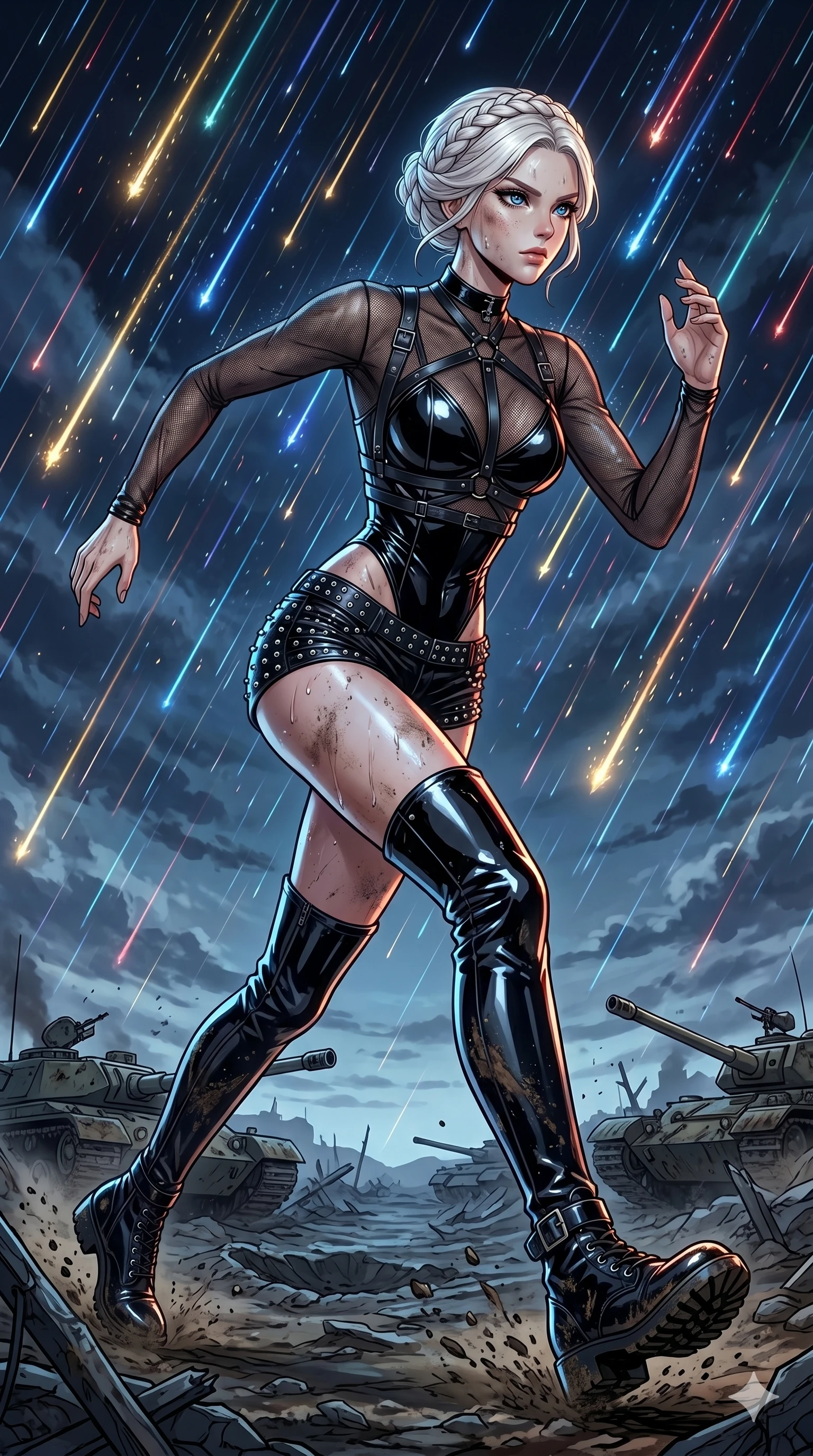 score_9, masterpiece, best quality, ultra-detailed, high-budget anime movie keyframe, cinematic anime lighting, intricate line art, Japanese woman. Low angle cowboy shot capturing a powerful motion and statuesque presence. sprinting through a battlefield under a rain of falling stars. She has an absolutely perfect 8-heads proportion, an exceptionally tall and slender female figure with an ultra-slim waist and impossibly long slender legs. strictly human anatomy, two legs only, no extra limbs, clearly defined legs and arms, perfect anatomy, perfect hands and fingers. sharp v-shaped jawline, high-bridge nose, intricate jewel-like eyes, thick eyelashes, glossy lips. Wearing K-Idol Stage: Leather harness over mesh, high-cut bodysuit, studded micro-shorts, and thigh-high patent boots. The scene is illuminated by dramatic atmospheric lighting and vibrant color palettes. , 2k, ultra detail, master piece, 9:16 ratio