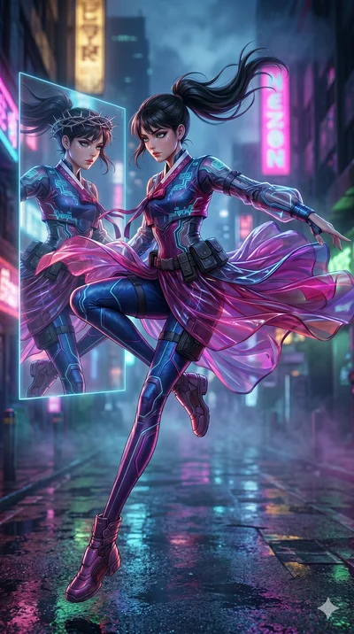 score_9, masterpiece, best quality, ultra-detailed, photorealistic 8k CG, hyper-detailed textures, ray-tracing, Caucasian (strictly human ears) woman. Mid-air action shot capturing a graceful twist and vertical silhouette. looking at a reflection of 