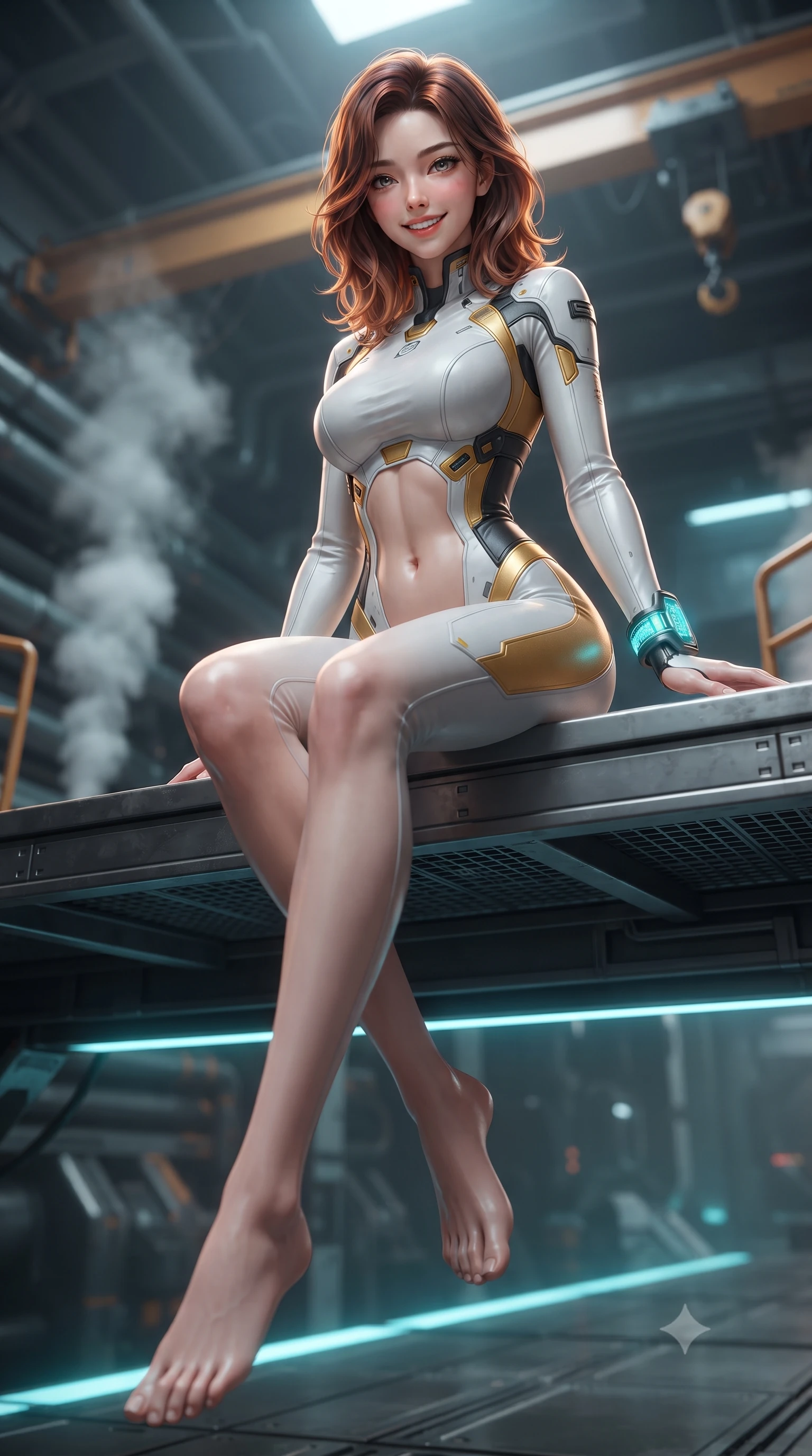 score_9, masterpiece, best quality, ultra-detailed, high-budget anime keyframe, editorial fashion photography, tasteful artistic composition, Korean woman. low angle full-body shot from head to toe showing her feet, filling the entire 9:16 vertical frame with her statuesque presence, stretching her vertical silhouette. sitting perched on the elevated maintenance gantry edge with legs crossed and hips angled toward the camera, displaying her toned midriff and long slender limbs with joyful, coquettish charm while twisting her slender torso in an alluring S-curve on the catwalk, solar plasma radiation casting dynamic chiaroscuro shadows across her narrow waist and curvy hips. The background shows a soft-focus steam venting from coolant pipes and suspended gantry crane rails softened in dramatic sci-fi shallow focus. She has an absolutely perfect, statuesque 8.5-heads proportion, an exceptionally tall and slender model-like female figure with impossibly long slender legs, an ultra-slim waist, a flat toned midriff, narrow delicate ribcage, and beautifully sculpted feminine hips creating a graceful, slim hourglass silhouette without any bulky heaviness. sharp v-shaped jawline, high-bridge nose, intricate jewel-like sparkling eyes with depth, thick eyelashes, glossy parted lips with a natural sheen, bright confident smile with an enchanting and coquettish sensual glint, exuding both youthful magnetic charm and sovereign high-tech allure, flawlessly proportioned anatomical accuracy, strict slender model proportions, natural body alignment, perfectly sculpted long slender limbs, ultra-slim waistline, clean dynamic posture without body distortion. wearing a form-fitting white-and-gold zero-gravity EVA jumpsuit with an ultra-slim corseted waist and exposed clavicle line in industrial hazard yellow and matte carbon black, crafted from lightweight aerodynamic matte carbon-fiber weave with structural stiffness, featuring sleek glowing cyan HUD display wrist cuffs with floating data telemetry, the form-contouring cut accentuating her sculpted flat midriff, narrow delicate ribcage, and gracefully curvy hips with cybernetic supermodel precision. illuminated by cool cyan emergency floor guides and sharp amber rim lighting sculpting her razor-sharp jawline, narrow waist, and curvy hips. ultra-reflective glossy finish, specular highlights, rich textural contrasts, high-contrast stereoscopic depth, volumetric dynamic lighting, 2k, ultra detail, master piece, 9:16 ratio