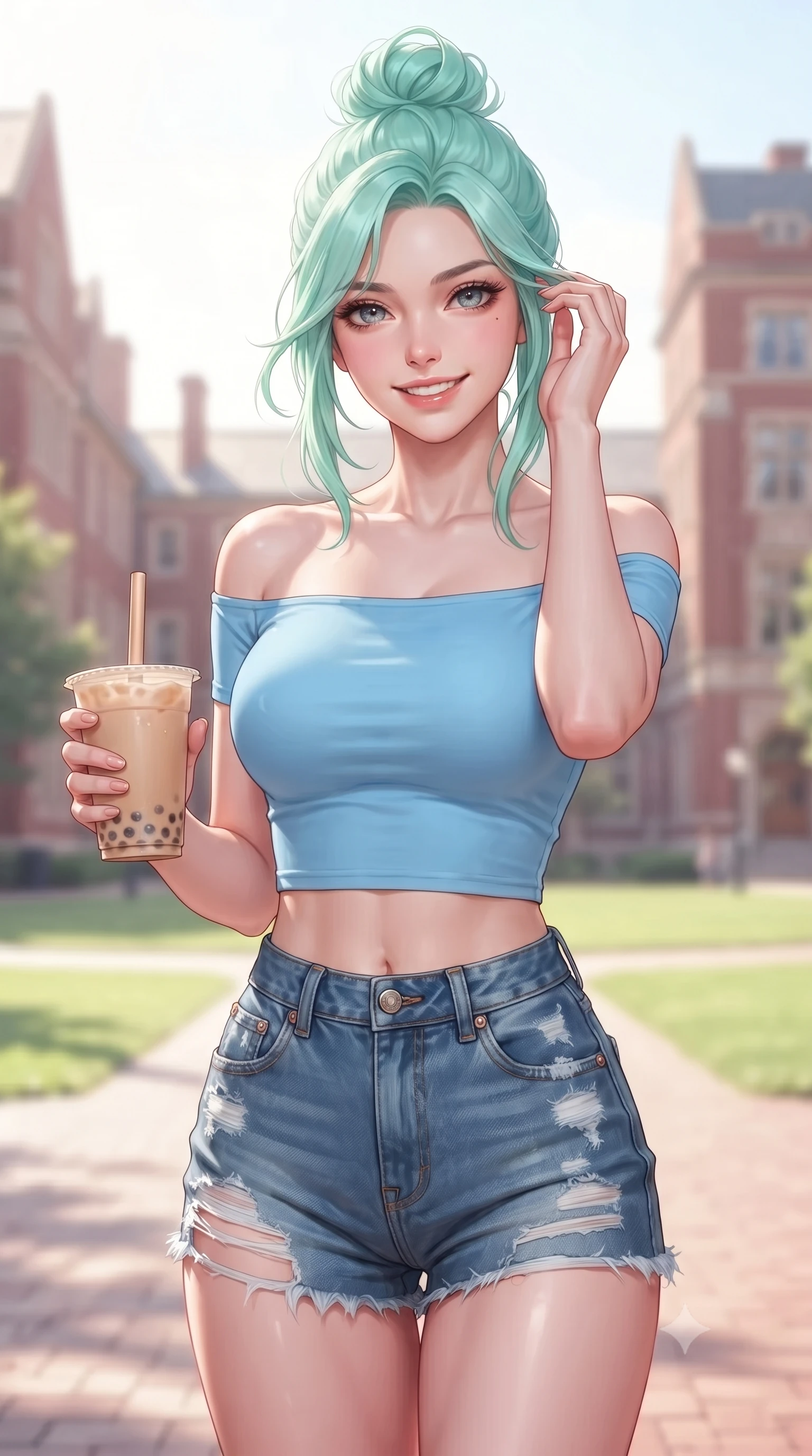 score_9, masterpiece, best quality, ultra-detailed, high-budget anime keyframe, editorial fashion photography, tasteful artistic composition, Japanese woman. close-up cowboy shot from the waist and thighs up, the character dominates the composition, filling the frame with her large presence, background elements kept in soft focus. flashing an intoxicating, sunny grin while brushing a strand of hair away from her face set against a soft-focus background of on a sun-drenched university campus quad surrounded by historic red-brick lecture halls holding a warm paper cup of milk tea with bubbles. She has an exceptionally elegant, slender, and willowy female figure with an ultra-slim waist, a gracefully sculpted slender torso, and a refined silhouette. sharp v-shaped jawline, high-bridge nose, intricate jewel-like eyes with depth, thick eyelashes, glossy lips with a natural sheen. wearing slim-fit off-shoulder crop top in baby blue, paired with high-waist denim shorts. soft diffused daylight creating a clean, high-key glow in the space. highly saturated vibrant anime colors, detailed shading with soft gradients, rich glossy textures, high-contrast stereoscopic depth, volumetric dynamic lighting, master piece, 9:16 ratio