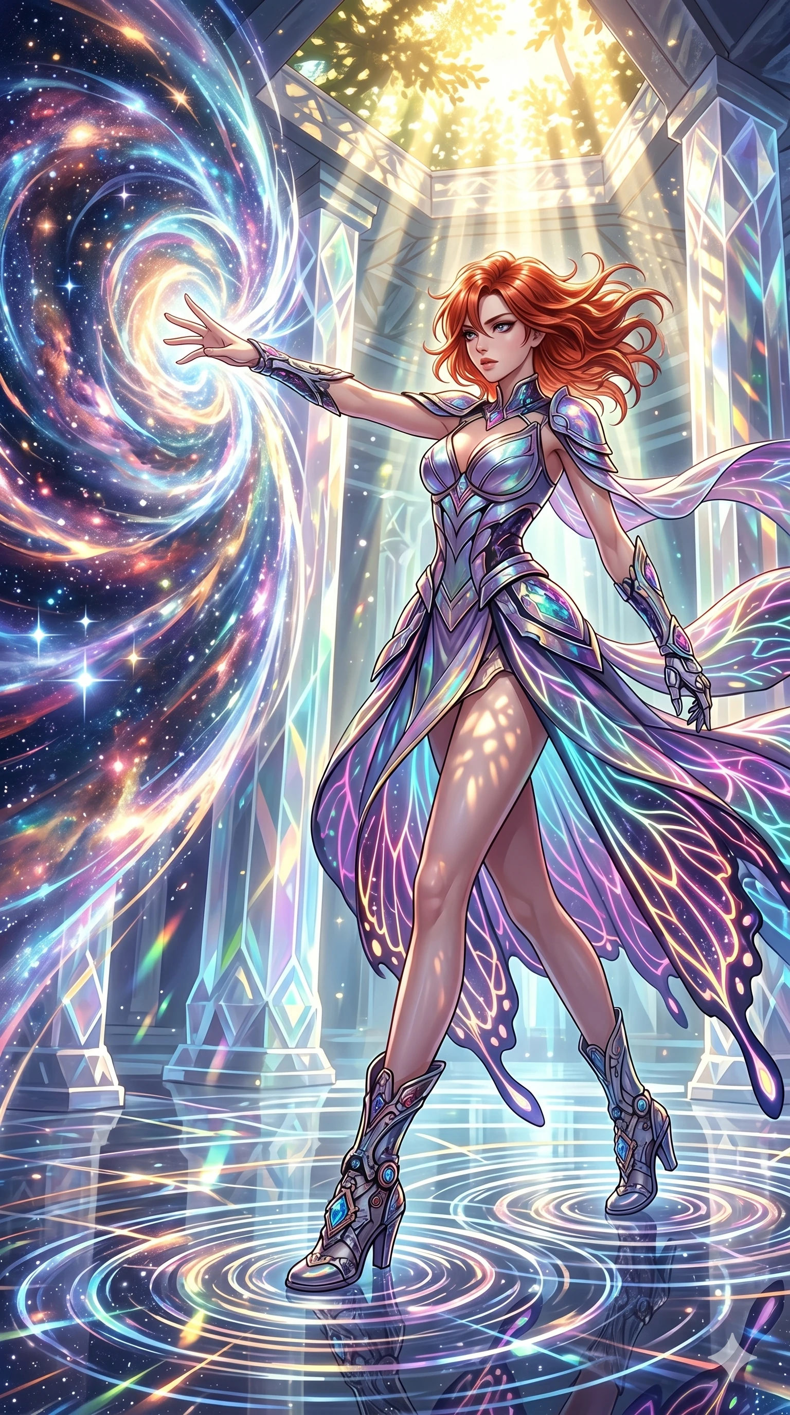 score_9, masterpiece, best quality, ultra-detailed, Set A: High-budget Anime Keyframe, Korean woman. Low angle cowboy shot filling the entire 9:16 frame with her statuesque presence. Theme: Abstract Cosmic. unleashing a massive energy wave in a temple made of solid light, as she steps on ripples of time that distort the space 41. The atmosphere is filled with cinematic sunlight through leaves. She has an absolutely perfect 8-heads proportion, an exceptionally tall and slender female figure with impossibly long slender legs and an ultra-slim waist. Sharp v-shaped jawline, high-bridge nose, intricate jewel-like eyes with depth, glossy lips. Wearing Cybernetic butterfly-theme dress with glowing wing-patterned silk capes. Cinematic lighting, vivid colors, dramatic shadows, 2k, ultra detail, master piece, 9:16 ratio