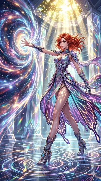 score_9, masterpiece, best quality, ultra-detailed, Set A: High-budget Anime Keyframe, Korean woman. Low angle cowboy shot filling the entire 9:16 frame with her statuesque presence. Theme: Abstract Cosmic. unleashing a massive energy wave in a templ