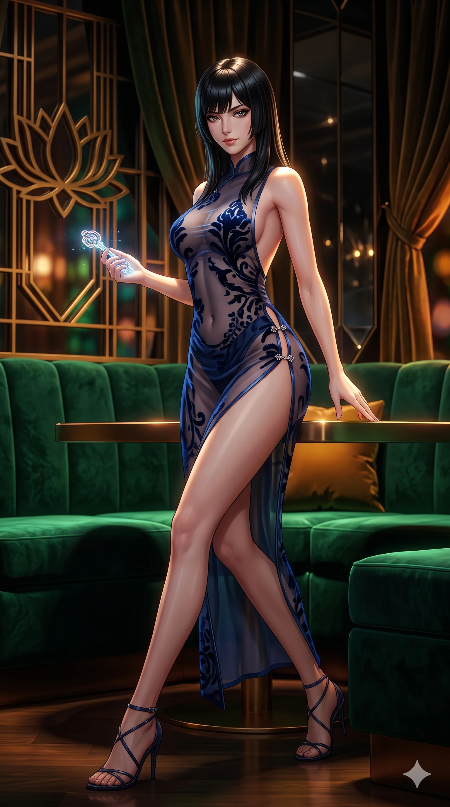 score_9, masterpiece, best quality, ultra-detailed, high-budget anime keyframe, semi-realistic 3D game render, editorial fashion photography, tasteful artistic composition, Caucasian woman. low angle full-body shot from head to toe showing her feet, filling the entire 9:16 vertical frame with her statuesque presence, stretching her vertical silhouette. stepping forward in a confident stride, her long slender legs and curvaceous hips creating a dynamic, sweeping vertical line while sitting poised in a plush emerald velvet booth with legs crossed, holding a glowing cryptographic key while flashing a subtle, dangerous smile. The background shows a soft-focus geometric brass lotus window grilles, smoked obsidian mirror walls, and velvet drapes blurred into emerald, amber, and dark bronze bokeh. She has an exceptionally tall and slender model-like 8.5-heads proportion, an ultra-slim waist, a flat toned midriff, narrow delicate ribcage, and beautifully sculpted feminine hips creating a graceful, slim hourglass silhouette without any bulky heaviness, with impossibly long slender legs. sharp v-shaped jawline, high-bridge nose, intricate jewel-like sparkling eyes with depth, thick eyelashes, glossy parted lips with a natural sheen, intensely captivating and seductive bedroom-eyes expression, exuding both youthful cute charm and sovereign luxury allure, flawlessly proportioned anatomical accuracy, strict slender model proportions, natural body alignment, perfectly sculpted long slender limbs, ultra-slim waistline, clean dynamic posture without body distortion. wearing a delicate semi-translucent silk yukata that clings to her wet skin and curvy hip contours in midnight sapphire blue and liquid platinum, made of sheer contouring power-mesh with velvet flocking patterns, finished with an ultra-high side slit secured by miniature jeweled clasps, the precision-cut side openings and low-back scoop framing her graceful spine and the sensual sweep of her slim, toned hips. bathed in low-key, high-contrast chiaroscuro lighting with narrow amber and gold spotlights on the table. highly saturated vibrant anime colors, detailed shading with soft gradients, rich glossy textures, high-contrast stereoscopic depth, volumetric dynamic lighting, master piece, 9:16 ratio