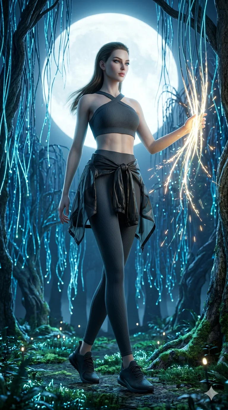 score_9, masterpiece, best quality, ultra-detailed, Semi-realistic 3D Game Render, high-fidelity character model, intricate textures, dynamic particle effects, Unreal Engine 5 aesthetic, crisp 3D depth, Caucasian woman with pale skin and refined features. Dynamic full-body shot stretching the vertical silhouette, capturing her from a powerful low-angle perspective. Walking through a forest of fiber-optic vines that react to her touch by glowing brighter. She has an absolutely perfect 8-heads proportion, an exceptionally tall and slender female figure with impossibly long slender legs and an ultra-slim waist, her statuesque height and towering silhouette dominating the vertical 9:16 frame. Her face is a masterpiece featuring a sharp v-shaped jawline, high-bridge nose, intricate jewel-like eyes with depth, thick eyelashes, and glossy lips with a natural sheen. She is wearing a Premium ribbed leggings with a matching cross-back sports bra, semi-transparent windbreaker tied around the waist, and an exposed midriff.. The scene is set in a mystical grove under a giant glowing moon that illuminates the fiber-optic flora. 2k, ultra detail, master piece, 9:16 ratio