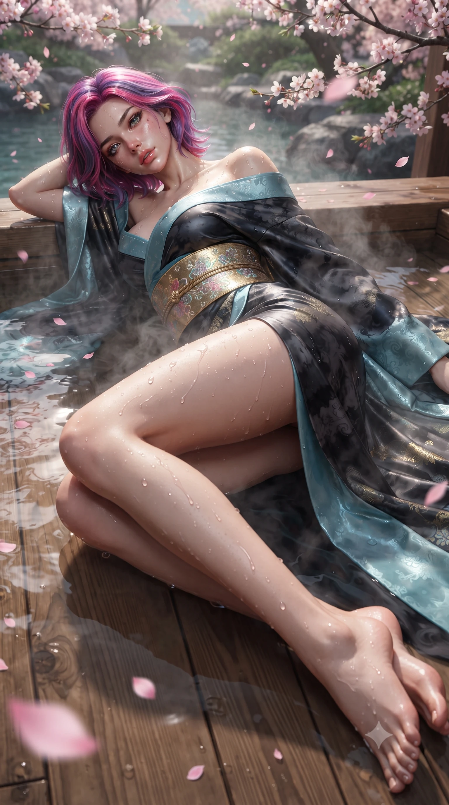 score_9, masterpiece, best quality, ultra-detailed, high-budget anime keyframe, editorial fashion photography, tasteful artistic composition, Caucasian woman. low angle full-body shot from head to toe showing her feet, filling the entire 9:16 vertical frame with her statuesque presence, stretching her vertical silhouette. reclining on her side in an elegant Cleopatra pose with one knee drawn up, the dramatic contour of her rounded hips and long slender legs commanding the 9:16 vertical frame while wading through the thermal mineral pool beneath falling pink sakura petals, arching her spine in pure pleasure as steam curls around her waist. The surrounding environment is rendered in vivid detail and crisp panoramic clarity. sharp wet hinoki wood grain, distinct water droplet tracks on skin, and delicate cherry blossom petals in deep focus. She has an absolutely perfect, statuesque 8.5-heads proportion, an exceptionally tall and slender model-like female figure with impossibly long slender legs, a toned flat midriff, an ultra-slim waist, and beautifully sculpted feminine hips. sharp v-shaped jawline, high-bridge nose, intricate jewel-like eyes with depth, thick eyelashes, glossy parted lips with a natural sheen, intensely captivating and seductive bedroom-eyes expression, flawlessly proportioned anatomical accuracy, strict slender model proportions, natural body alignment, perfectly sculpted long slender limbs, ultra-slim waistline, clean dynamic posture without body distortion. wearing a backless off-shoulder silk kimono gown with fluttering drapes and an ultra-high side slit in dark ink-wash black and radiant moonlight cyan, woven from lightweight fluid silk brocade with woven gold thread, complemented by a wide metallic gold obi sash with holographic floral embroidery, the second-skin form-contouring cut accentuating her sculpted flat midriff, narrow waistline, and dramatically curvy hips without adding bulk. illuminated by wet specular reflections accentuating her sculpted collarbones, narrow waist, and curvy hips. ultra-reflective glossy finish, specular highlights, rich textural contrasts, high-contrast stereoscopic depth, volumetric dynamic lighting, 2k, ultra detail, master piece, 9:16 ratio