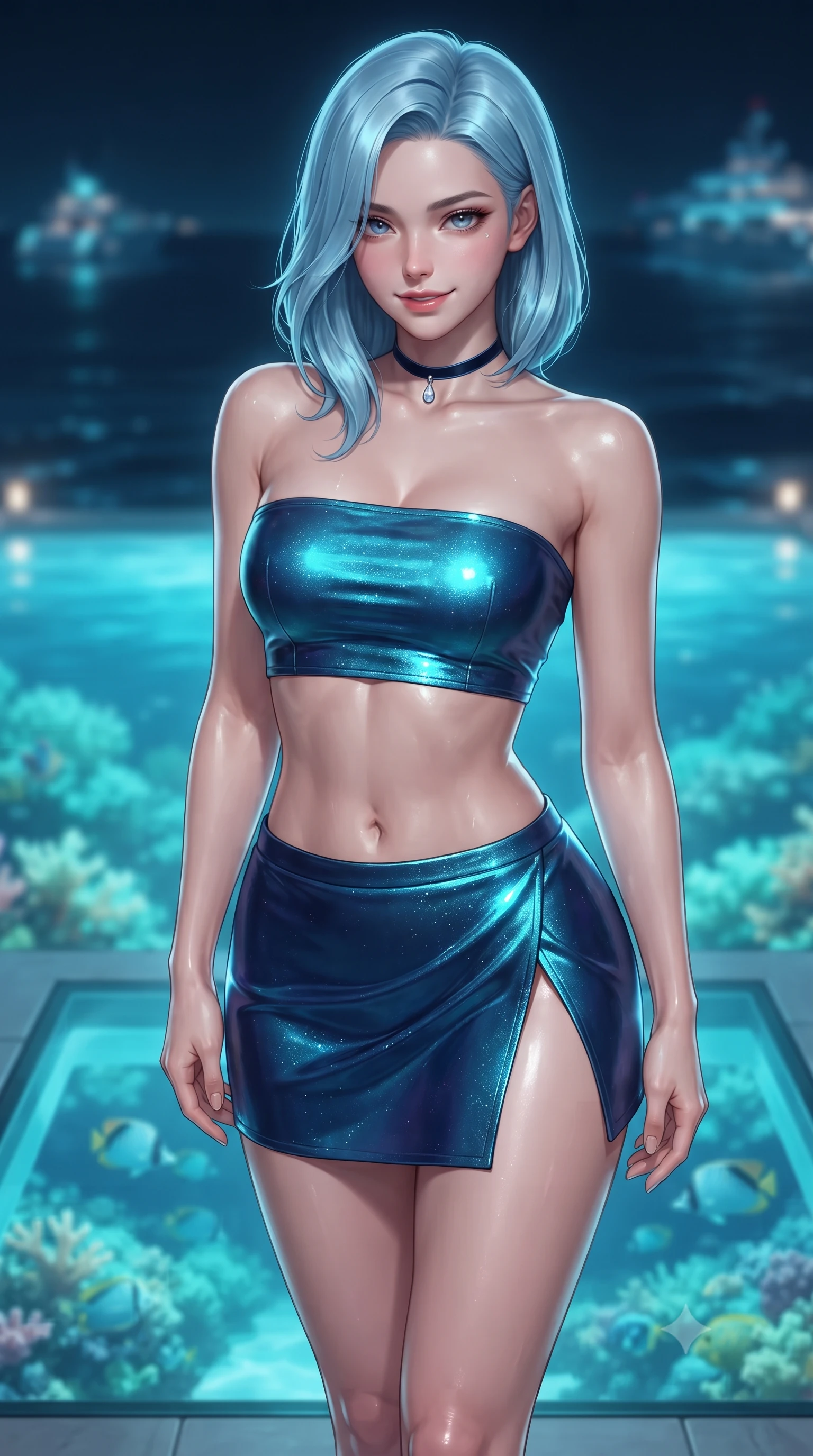 score_9, masterpiece, best quality, ultra-detailed, high-budget anime keyframe, editorial fashion photography, tasteful artistic composition, Korean woman. close-up cowboy shot from the waist and thighs up, the character dominates the composition, filling the frame with her large presence. tilting her head with a teasing half-smile, running one hand slowly down the side of her hip in a flirtatious S-curve as ambient light caresses her silhouette while twisting her slender torso in an alluring contrapposto stance beside the private plunge pool, underwater reef lights wrapping around her narrow waist and hips. The background shows a soft-focus illuminated turquoise coral reefs with swimming tropical fish below glass, gentle midnight sea waves, and distant superyacht anchor lights blurred into electric cyan, coral, and navy bokeh. She has an exceptionally elegant, slender, and willowy female figure with an ultra-slim waist, flat toned midriff, narrow ribcage, and sculpted feminine hips creating an alluring, slim hourglass silhouette without bulk. sharp v-shaped jawline, high-bridge nose, intricate jewel-like sparkling eyes with depth, thick eyelashes, glossy parted lips with a natural peach sheen, bright cheerful beaming smile with an enchanting and coquettish sensual glint, exuding both youthful cute charm and seductive allure, flawlessly proportioned anatomical accuracy, strict slender model proportions, natural body alignment, perfectly sculpted long slender limbs, ultra-slim waistline, clean dynamic posture without body distortion. wearing an ultra-cropped fitted bandeau top paired with a micro mini tennis skirt revealing her flat midriff in Singapore Marina Bay electric cyan and midnight sapphire, crafted from stretch micro-mesh with liquid foil coating that shimmers with every movement, finished with a thin velvet ribbon choker and a single teardrop diamond pendant, the high-slit wrap tailoring accentuating her ultra-slim waistline and the enchanting curve of her feminine hips with alluring seductive charm. illuminated by reef water caustics bounce and sharp platinum-cyan rim lights sculpting her jawline, narrow waist, and curvy hips. ultra-reflective glossy finish, specular highlights, rich textural contrasts, high-contrast stereoscopic depth, volumetric dynamic lighting, 2k, ultra detail, master piece, 9:16 ratio