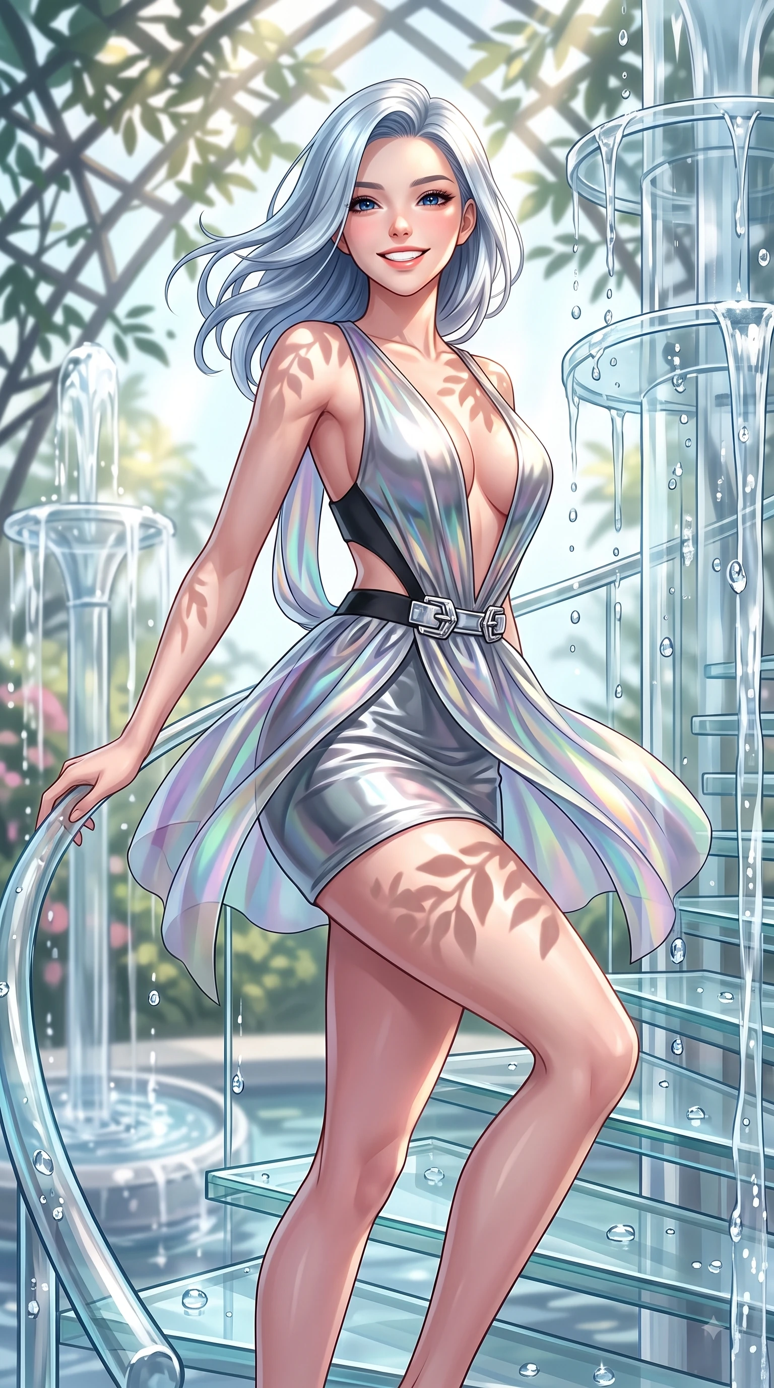 score_9, masterpiece, best quality, ultra-detailed, high-budget anime keyframe, editorial fashion photography, tasteful artistic composition, Korean woman. close-up cowboy shot from the waist and thighs up, the character dominates the composition, filling the frame with her large presence, background elements kept in soft focus. Radiant bright smile with sparkling eyes directed right into the lens, her torso turning in a dynamic S-curve alignment while ascending a vertical glass spiral staircase with a cheerful beaming expression, translucent water droplets cascading down platinum fountains with sparkling luster. She has an exceptionally elegant, slender, and willowy female figure with an ultra-slim waist, a gracefully sculpted slender torso, and a refined silhouette. sharp v-shaped jawline, high-bridge nose, intricate jewel-like eyes with depth, thick eyelashes, glossy lips with a natural sheen, flawlessly proportioned anatomical accuracy, natural body alignment, perfectly sculpted elegant limbs, clean dynamic posture without body distortion. wearing a liquid mercury gloss mini dress with ultra-deep V-neck and waist cutouts in matte black and polished silver, crafted from iridescent chiffon that shifts colors in the light, detailed with polished silver buckles along the waistline, the form-contouring material highlighting her ultra-slim waist and long lines. illuminated by brilliant sunbeams casting cheerful organic leaf stencil shadows. highly saturated vibrant anime colors, detailed shading with soft gradients, rich glossy textures, high-contrast stereoscopic depth, volumetric dynamic lighting, master piece, 9:16 ratio