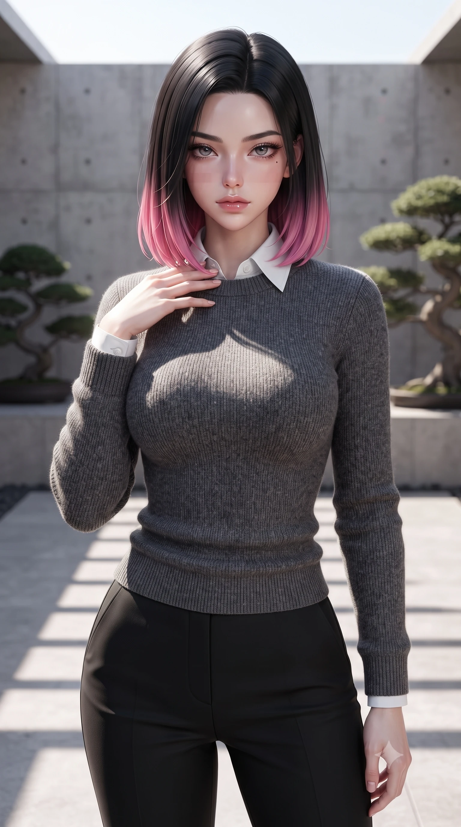score_9, masterpiece, best quality, ultra-detailed, high-budget anime keyframe, editorial fashion photography, tasteful artistic composition, Korean woman woman. close-up cowboy shot from the waist and thighs up, the character dominates the composition, filling the frame with her large presence, background elements kept in soft focus. standing with one hand resting on her collarbone, looking at the viewer with bedroom-eyes the background shows a soft-focus a minimalist outdoor bath deck with concrete walls and bonsai landscaping. She has an exceptionally elegant, slender, and willowy female figure with an ultra-slim waist, a gracefully sculpted slender torso, and a refined silhouette. sharp v-shaped jawline, high-bridge nose, intricate jewel-like eyes with depth, thick eyelashes, glossy lips with a natural sheen. wearing a body-hugging cozy charcoal grey knit sweater over a white collared shirt and black slacks. sharp morning sunbeams casting clean, structured shadows across the deck. ultra-reflective glossy finish, specular highlights, metallic sheen, high-contrast stereoscopic depth, volumetric dynamic lighting, 2k, ultra detail, master piece, 9:16 ratio