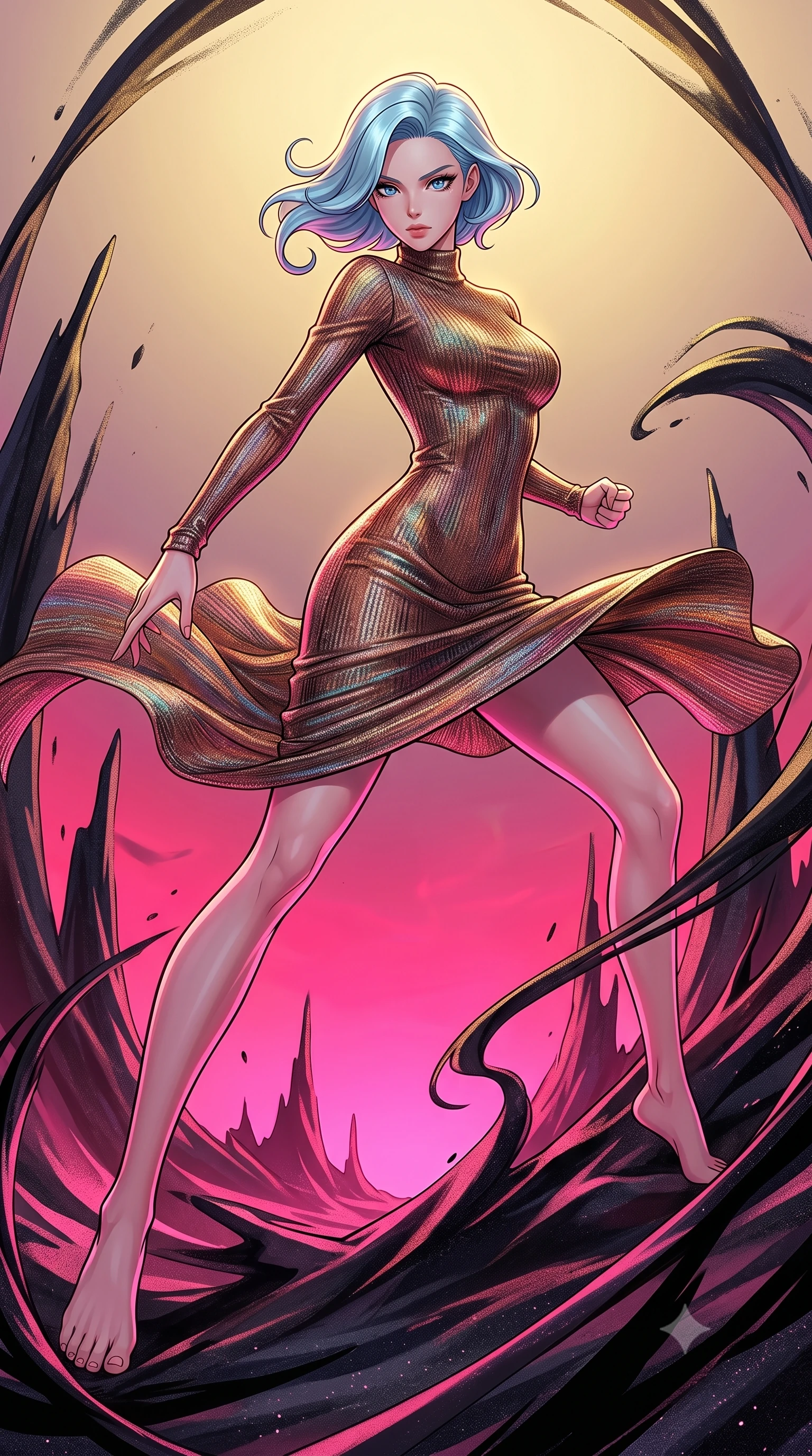 score_9, masterpiece, best quality, ultra-detailed, high-budget anime keyframe, clean line-art, cel-shading, Korean woman. low angle full-body shot from head to toe showing her feet, filling the entire 9:16 vertical frame with her statuesque presence, stretching her vertical silhouette. lunging forward with a piercing thrust, her entire silhouette stretched in action through a valley of magnetic black sand rising in jagged spires and swirling ribbons in response to unseen gravitational anomalies. She has a statuesque 8.5-heads proportion, an exceptionally tall, slender and willowy model-like build with impossibly long legs and a highly sculpted ultra-slim waist. sharp v-shaped jawline, high-bridge nose, intricate jewel-like eyes with depth, thick eyelashes, glossy lips with a natural sheen. wearing the lightweight fabric rippling and billowing dramatically with her movement, a slim-fit long-sleeve fitted turtleneck dress in a shimmering multi-colored bronze metallic knit, tracing every line of her slender form. dramatic contrast of hot pink furnace glow from below and cool golden light from above. highly saturated vibrant anime colors, intense vivid color palette, volumetric dynamic lighting, 2k, ultra detail, master piece, 9:16 ratio