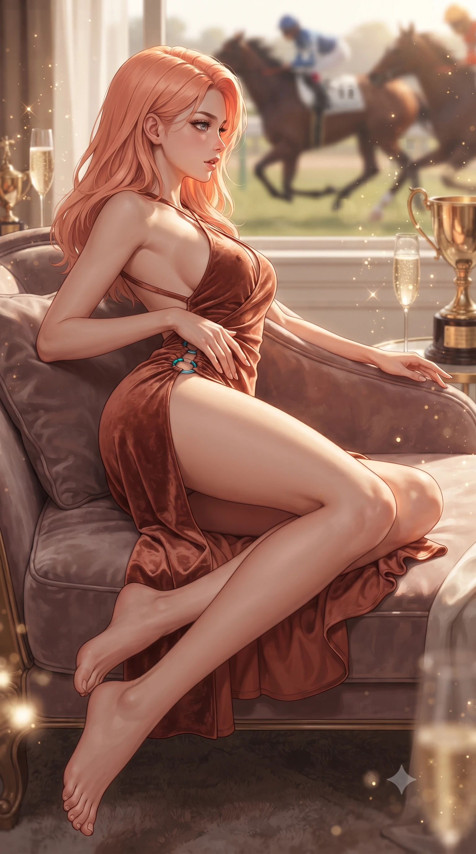 score_9, masterpiece, best quality, ultra-detailed, high-budget anime keyframe, editorial fashion photography, tasteful artistic composition, Japanese woman. low angle full-body shot from head to toe showing her feet, filling the entire 9:16 vertical frame with her statuesque presence, stretching her vertical silhouette. reclining on her side in an elegant Cleopatra pose with one knee drawn up, the dramatic contour of her rounded hips and long slender legs commanding the 9:16 vertical frame while resting one manicured hand delicately on her hip bone while gazing through thick eyelashes at the passing racehorses, parted glossy lips catching the sunlight. The composition keeps background elements in soft focus with creamy bokeh. champagne bubbles and brass trophy reflections scattering warm sparkling light motes across the terrace. She has an exceptionally tall and slender model-like 8.5-heads proportion, an ultra-slim waist, a flat toned midriff, narrow delicate ribcage, and beautifully sculpted feminine hips creating a graceful, slim hourglass silhouette without any bulky heaviness, with impossibly long slender legs. sharp v-shaped jawline, high-bridge nose, intricate jewel-like eyes with depth, thick eyelashes, glossy parted lips with a natural sheen, intensely captivating and seductive bedroom-eyes expression, flawlessly proportioned anatomical accuracy, strict slender model proportions, natural body alignment, perfectly sculpted long slender limbs, ultra-slim waistline, clean dynamic posture without body distortion. wearing a backless terracotta silk wrap dress featuring high-cut side hip slits and turquoise ring hardware in rich equestrian cognac brown and crisp champagne cream, crafted from heavyweight crushed silk velvet with liquid vintage luster, finished with criss-cross back satin straps highlighting her graceful shoulder blades, the liquid-tight tailored fabric clinging flawlessly to her narrow waist and rounded feminine hips, emphasizing every millimeter of her sculpted slim hourglass curves without any bulky heaviness. bathed in glorious golden-hour afternoon sunlight and warm white marquee bounce fill. ultra-reflective glossy finish, specular highlights, rich textural contrasts, high-contrast stereoscopic depth, volumetric dynamic lighting, 2k, ultra detail, master piece, 9:16 ratio