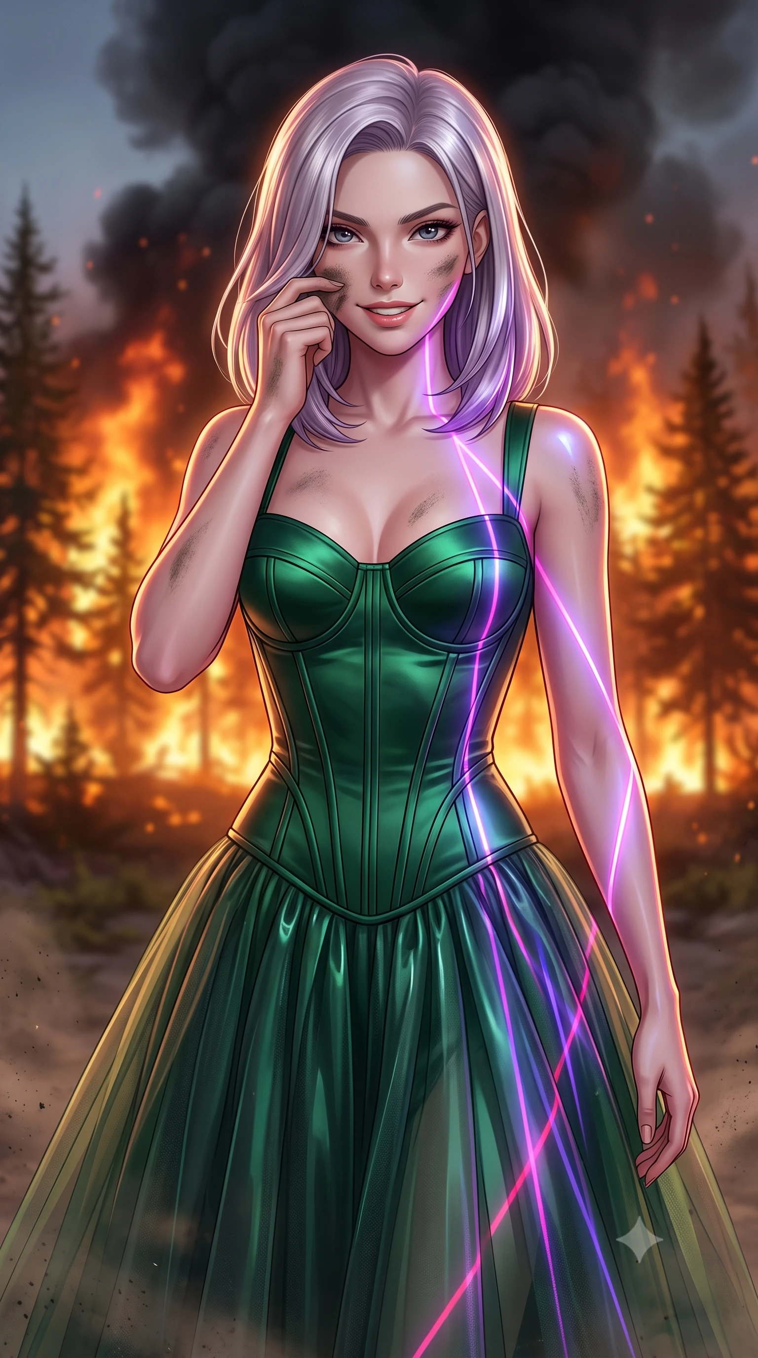 score_9, masterpiece, best quality, ultra-detailed, high-budget anime keyframe, editorial fashion photography, tasteful artistic composition, realistic cosplay photography, Caucasian woman, strictly human ears. close-up cowboy shot from the waist and thighs up, the character dominates the composition, filling the frame with her large presence, background elements kept in soft focus. Wiping a smudge of dust from her cheek with a confident, defiant grin. set against a soft-focus background of the edge of a forest fire, where pine trees are engulfed in orange flames and thick black smoke columns rise. She has an exceptionally elegant and slender, willowy female figure with an ultra-slim waist, a gracefully sculpted slender torso, and a refined slim physique. sharp v-shaped jawline, high-bridge nose, intricate jewel-like eyes with depth, thick eyelashes, glossy lips with a natural sheen. wearing tailored for maximum mobility, sleek form-contouring panels that allow fluid movement, a tailored corset-topped gown with visible structured boning in emerald green satin, paired with a floor-length sheer tulle skirt. laser lines of violet and hot pink reflecting off surfaces casting geometric neon highlights. ultra-reflective glossy finish, specular highlights, metallic sheen, high-contrast stereoscopic depth, volumetric dynamic lighting, 2k, ultra detail, master piece, 9:16 ratio