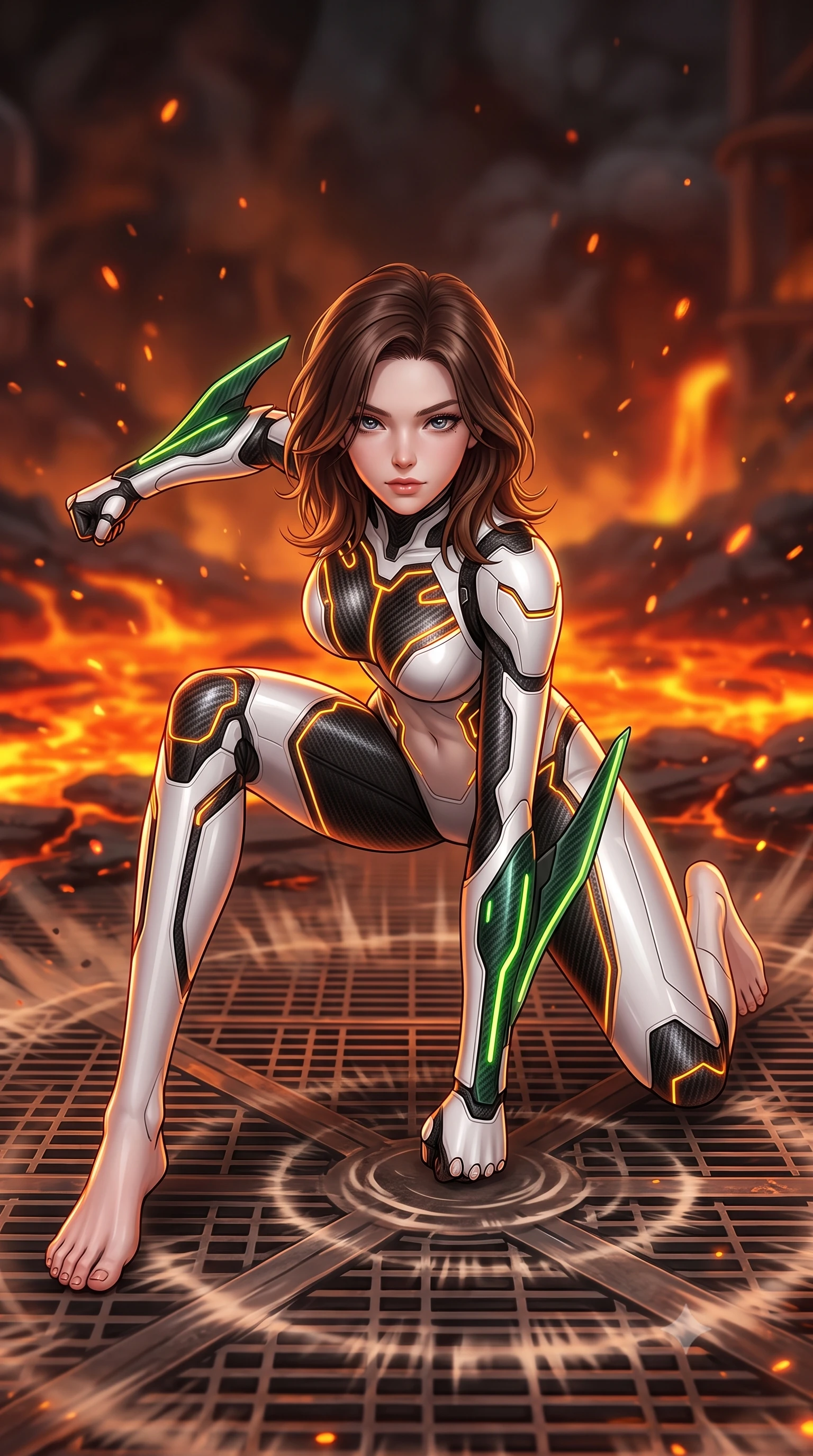 score_9, masterpiece, best quality, ultra-detailed, high-budget anime keyframe, semi-realistic 3D game render, editorial fashion photography, tasteful artistic composition, Korean woman. low angle full-body shot from head to toe showing her feet, filling the entire 9:16 vertical frame with her statuesque presence, stretching her vertical silhouette. landing gracefully from a high-altitude leap on one knee and palm, her statuesque silhouette framed by radial shockwave ripples in the ground while landing in a low crouched stance with one fist planted on the metal grating, looking up with a dangerous, alluring smolder. The composition keeps background elements in soft focus with creamy bokeh. bubbling molten magma rivers and drifting orange heat embers blurred into rich fiery amber, crimson, and charcoal bokeh. She has an absolutely perfect, statuesque 8.5-heads proportion, an exceptionally tall and slender model-like female figure with impossibly long slender legs, a toned flat midriff, and an ultra-slim waist. sharp v-shaped jawline, high-bridge nose, intricate jewel-like eyes with depth, thick eyelashes, glossy lips with a natural sheen, flawlessly proportioned anatomical accuracy, strict slender model proportions, natural body alignment, perfectly sculpted long slender limbs, ultra-slim waistline, clean dynamic posture without body distortion. wearing a high-contrast monochrome white-and-black carbon-composite exoskeleton suit with glowing amber circuitry and aerodynamic limb fins in emerald green carbon composite with glowing lime laser channels, crafted from ultra-strong woven carbon-fiber composite with a satin luster, finished with high-mobility flexible limb seams and miniature magnetic armor locks, the liquid-tight tailored fabric emphasizing every curve of her tall, slender model proportions and sculptured silhouette during dynamic movement. surrounded by an elemental, fierce, and irresistibly powerful cyber-valkyrie of flame aura. rich saturated anime colors with glowing neon highlights, detailed shading with soft gradients, rich glossy textures, high-contrast stereoscopic depth, volumetric dynamic lighting, master piece, 9:16 ratio