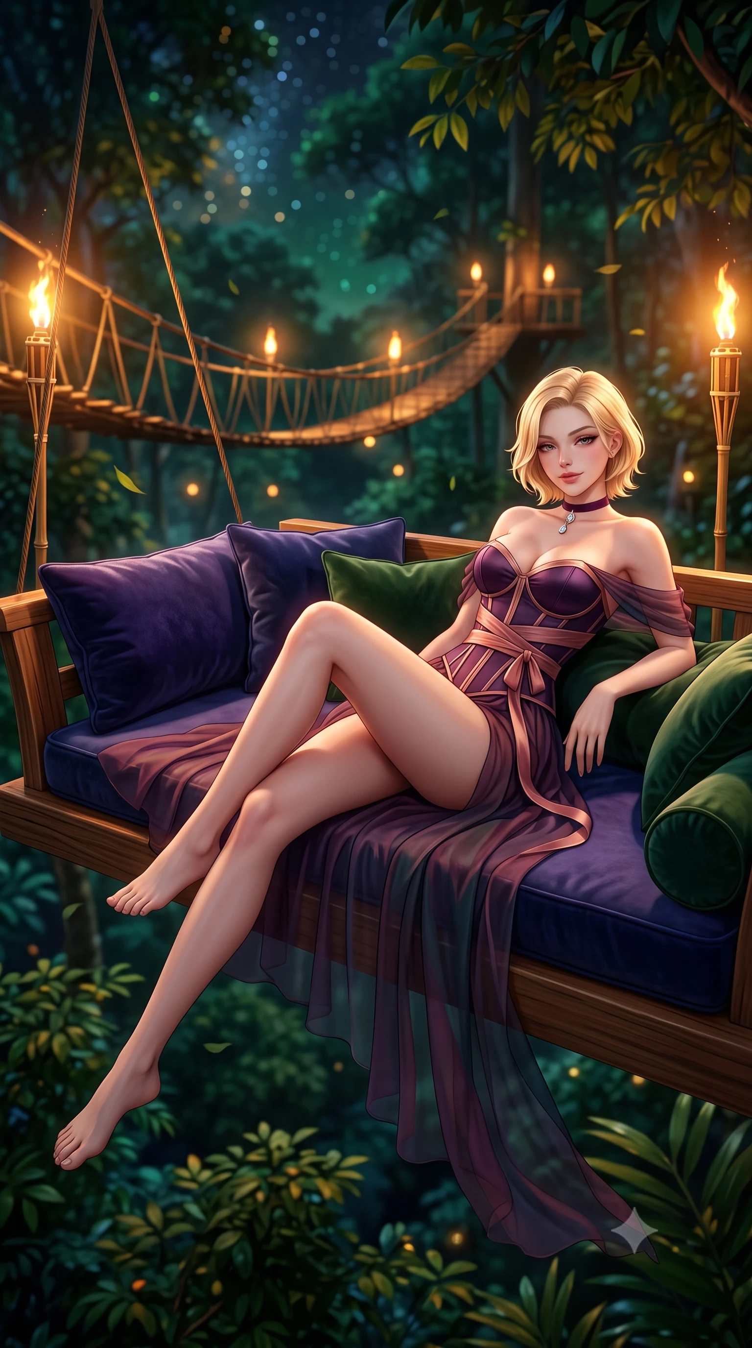 score_9, masterpiece, best quality, ultra-detailed, high-budget anime keyframe, semi-realistic 3D game render, editorial fashion photography, tasteful artistic composition, Caucasian woman. low angle full-body shot from head to toe showing her feet, filling the entire 9:16 vertical frame with her statuesque presence, stretching her vertical silhouette. reclining gracefully across the plush chaise lounge with one leg extended, her sculpted silhouette and flat midriff radiating magnetic nocturnal glamour while lounging across the suspended oversized teak daybed floating high in the jungle canopy, arching her lower back to emphasize her curvy hips with effortless poise. The background shows a soft-focus towering rainforest canopy leaves rustling in night breeze, winding torch-lit bamboo suspension bridges, and starlit sky blurred into deep emerald, amber, and indigo bokeh. She has an absolutely perfect, statuesque 8.5-heads proportion, an exceptionally tall and slender model-like female figure with impossibly long slender legs, an ultra-slim waist, a flat toned midriff, narrow delicate ribcage, and beautifully sculpted feminine hips creating a graceful, slim hourglass silhouette without any bulky heaviness. sharp v-shaped jawline, high-bridge nose, sparkling eyes with hypnotic seductive depth, thick curled eyelashes, glossy parted lips with a natural dewy peach sheen, alluring bedroom-eyes with an enchanting coquettish smile, exuding magnetic siren charisma and sophisticated glamour, flawlessly proportioned anatomical accuracy, strict slender model proportions, natural body alignment, perfectly sculpted long slender limbs, ultra-slim waistline, clean dynamic posture without body distortion. wearing a structured boned satin corset bodice with obi-inspired wrap ribbon cinching her ultra-slim waistline in deep plum violet and rose gold, made of sheer gossamer chiffon that drapes softly against skin with airy translucence, finished with a thin velvet ribbon choker and a single teardrop diamond pendant, the precision-cut side openings and low-back scoop framing her graceful spine and the sensual sweep of her slim, toned hips. bathed in the rich dynamic golden-orange glow of real outdoor bamboo oil torches combined with celestial starlight. highly saturated vibrant anime colors, detailed shading with soft gradients, rich glossy textures, high-contrast stereoscopic depth, volumetric dynamic lighting, master piece, 9:16 ratio
