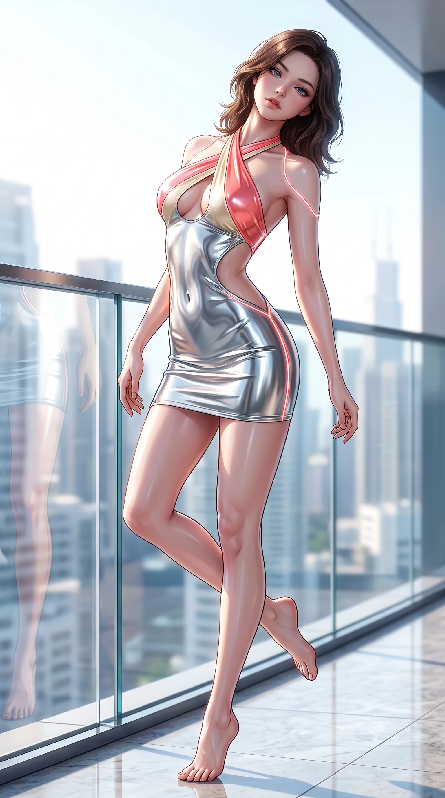score_9, masterpiece, best quality, ultra-detailed, high-budget anime keyframe, semi-realistic 3D game render, editorial fashion photography, tasteful artistic composition, Korean woman. low angle full-body shot from head to toe showing her feet, filling the entire 9:16 vertical frame with her statuesque presence, stretching her vertical silhouette. arching her back in a fluid zero-gravity turn with sovereign grace, her long slender legs and sculpted torso creating a sweeping line while pivoting dynamically near a sleek glass balcony railing overlooking a radiant sunlit metropolis skyline. The composition keeps background elements in soft focus with creamy bokeh. sunlit skyscraper towers and clear blue skies blurred into bright, clean high-key urban bokeh. She has an absolutely perfect, statuesque 8.5-heads proportion, an exceptionally tall and slender model-like female figure with impossibly long slender legs, a toned flat midriff, and an ultra-slim waist. sharp v-shaped jawline, high-bridge nose, intricate jewel-like eyes with depth, thick eyelashes, glossy lips with a natural sheen, flawlessly proportioned anatomical accuracy, strict slender model proportions, natural body alignment, perfectly sculpted long slender limbs, ultra-slim waistline, clean dynamic posture without body distortion. wearing a molten silver liquid-metal mini dress featuring deep side-waist cutouts and a daring crossover halter neckline in radiant coral pink and champagne ivory, crafted from ultra-reflective second-skin latex with a high-gloss glass-like polish, accented with glowing fiber-optic seams tracing her collarbones and hip curves, the form-contouring material adhering flawlessly to her sculpted flat midriff and slender torso, emphasizing her long leg lines and perfectly proportioned willowy build. illuminated by crisp white studio key light with specular chrome and marble reflections. highly saturated vibrant anime colors, detailed shading with soft gradients, rich glossy textures, high-contrast stereoscopic depth, volumetric dynamic lighting, master piece, 9:16 ratio